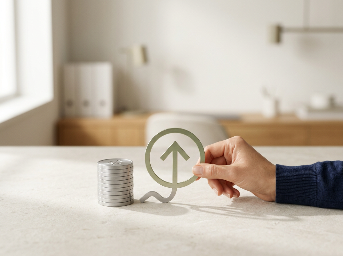 Person holding a green paper cutout with an upward arrow inside a circle, next to a stack of silver coins on a white surface, in a bright room.