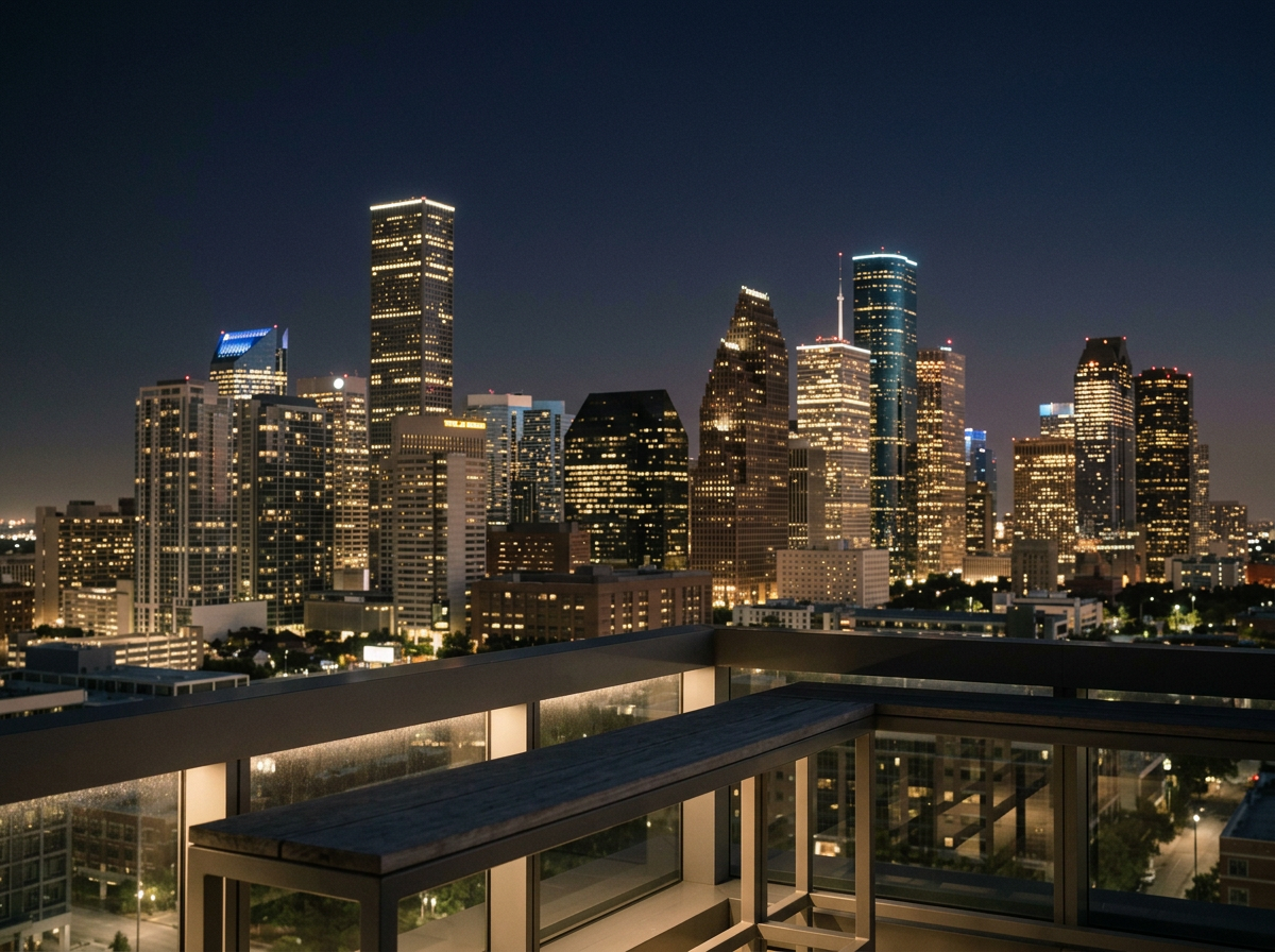 Nighttime city skyline of tall illuminated skyscrapers viewed from a balcony with a wooden railing.