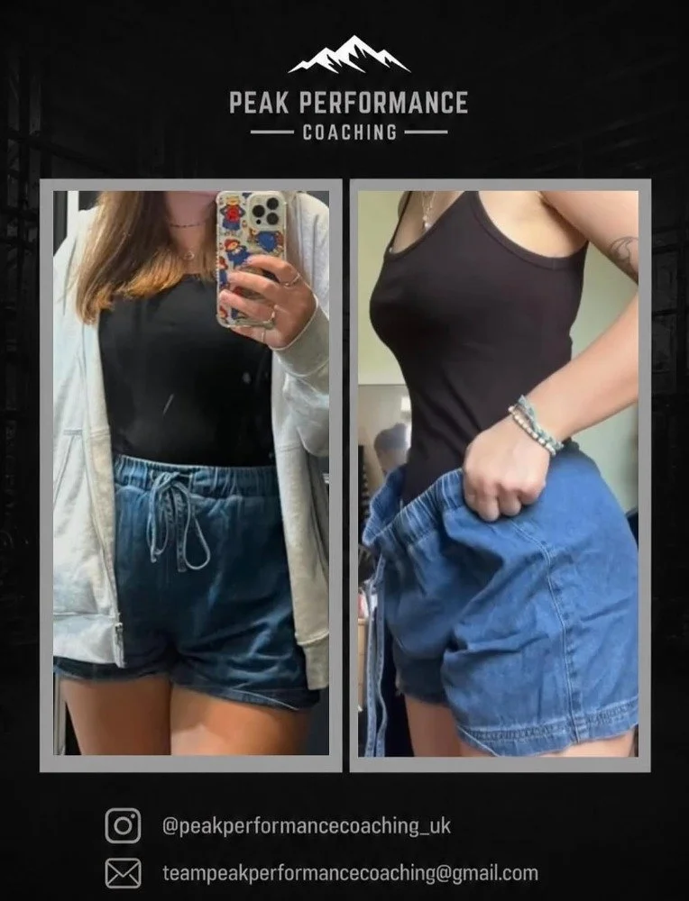 Side-by-side photos showing a woman before and after weight loss, wearing black tank tops and blue shorts, with the logo 'Peak Performance Coaching' at the top and contact information at the bottom.