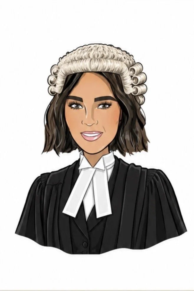Cartoon of Katie Petrie, host of Kate's Debates, in a barrister's wig and gown