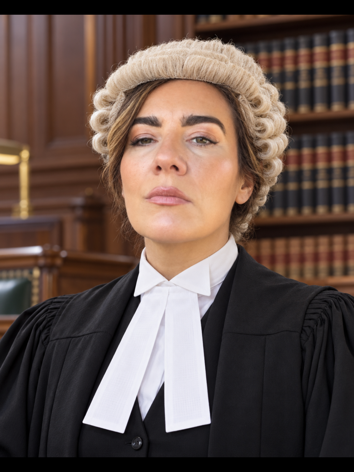 Female judge or lawyer wearing traditional black robe and white collar, standing in a courtroom with wooden bookshelves in background.