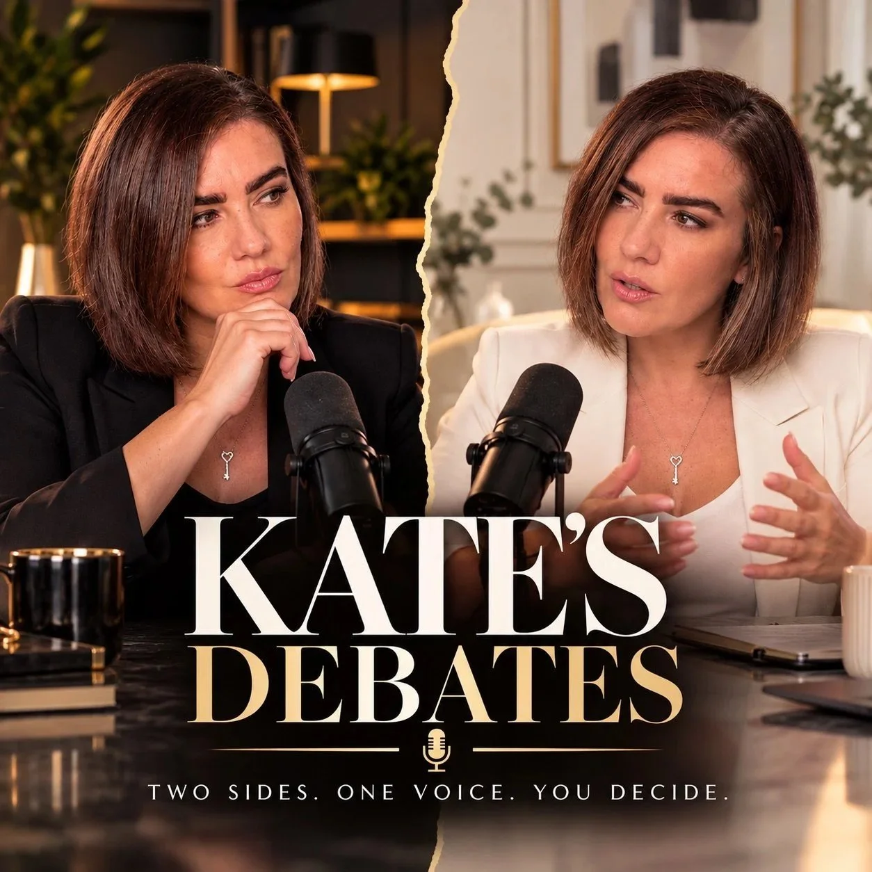 Kate's Debates UK debate podcast cover: host Katie Petrie as Kate in Black and Kate in White at microphones