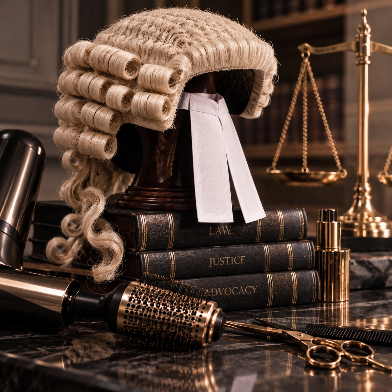 Barrister's wig on law books beside barber scissors and a brush