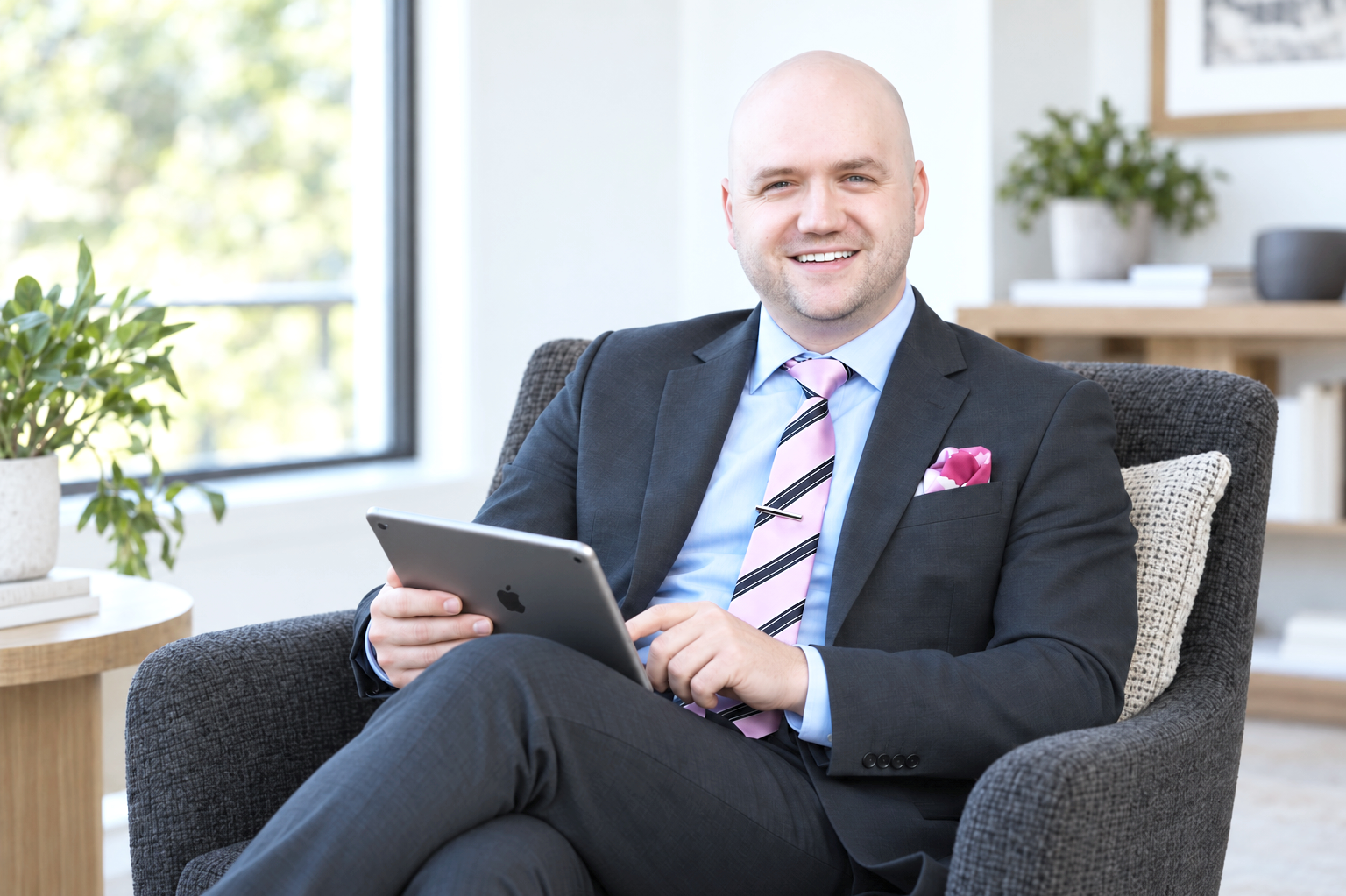 Man in a business suit holding an iPad, sitting in an office with plants and books