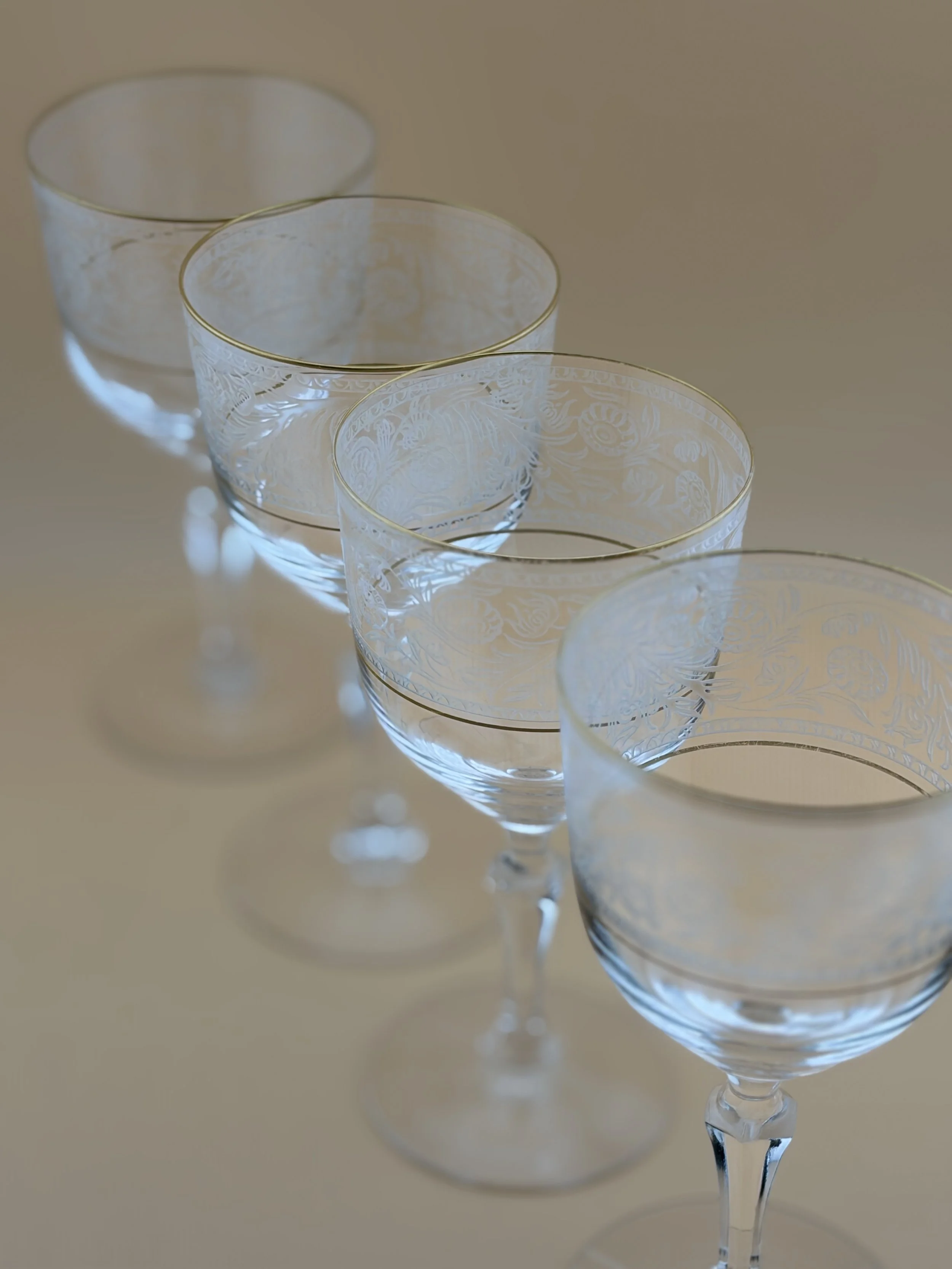 Vintage Fostoria Floral Water Goblets with Gold Trim — Set of 4