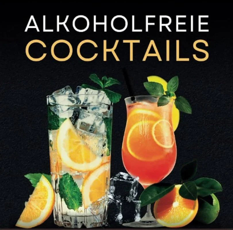 Darstellung von zwei alkoholfreien Cocktails mit Zitronen- und Minzfrüchten auf einem schwarzen Hintergrund.
