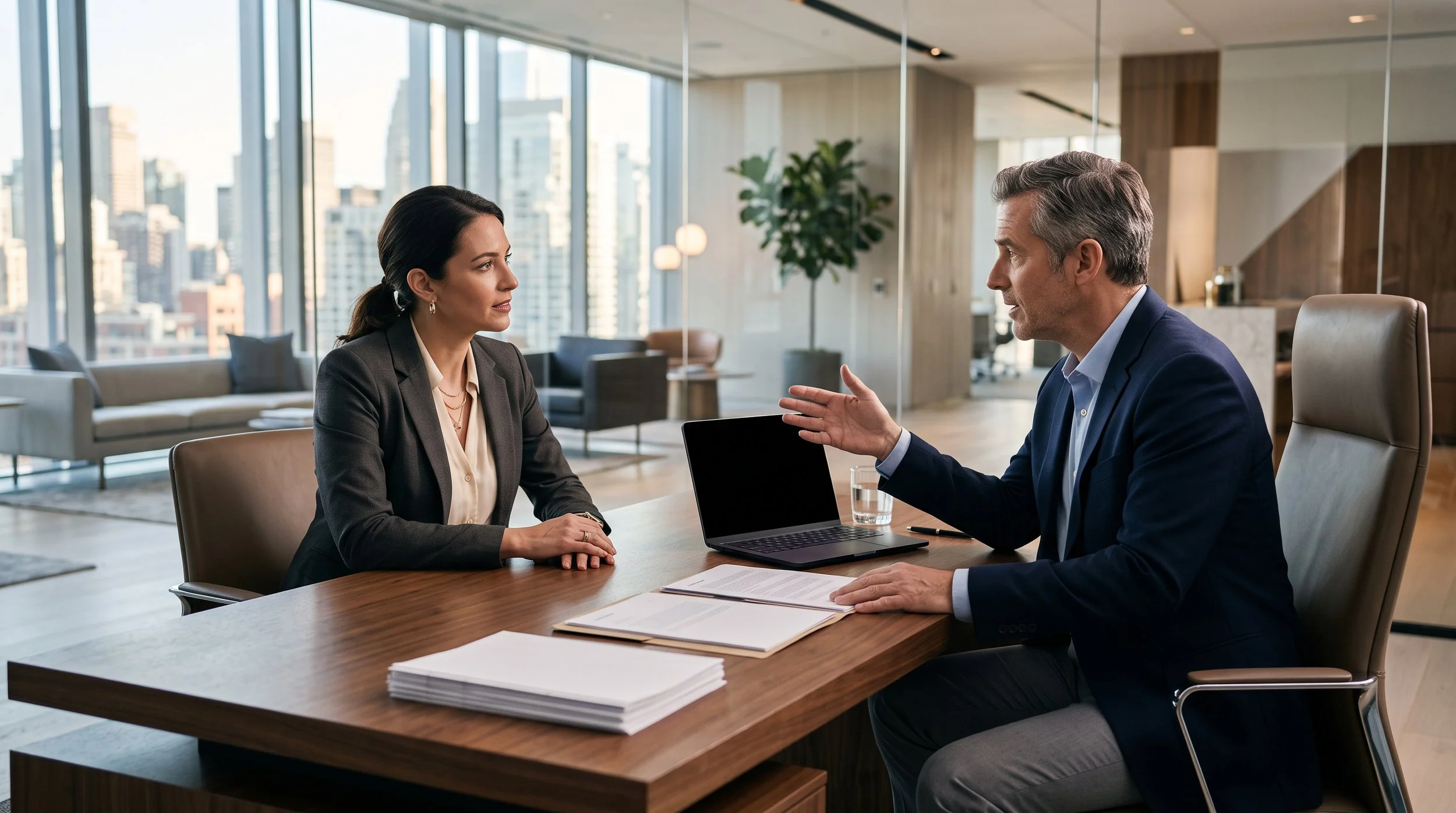 Business owner meeting with an accounting advisor in a modern office.