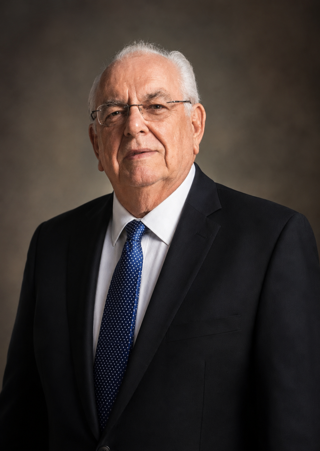 Portrait of an elderly man wearing a dark suit, white shirt, and blue polka dot tie, with glasses and silver hair, against a neutral background.