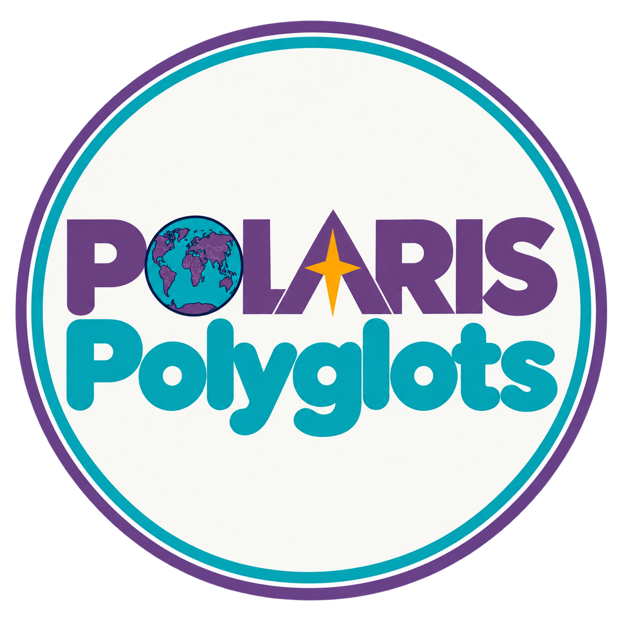 Polaris Polyglots logo with a globe replacing the letter O in Polaris, a star inside the letter A in Polaris, and text in purple and teal colors.