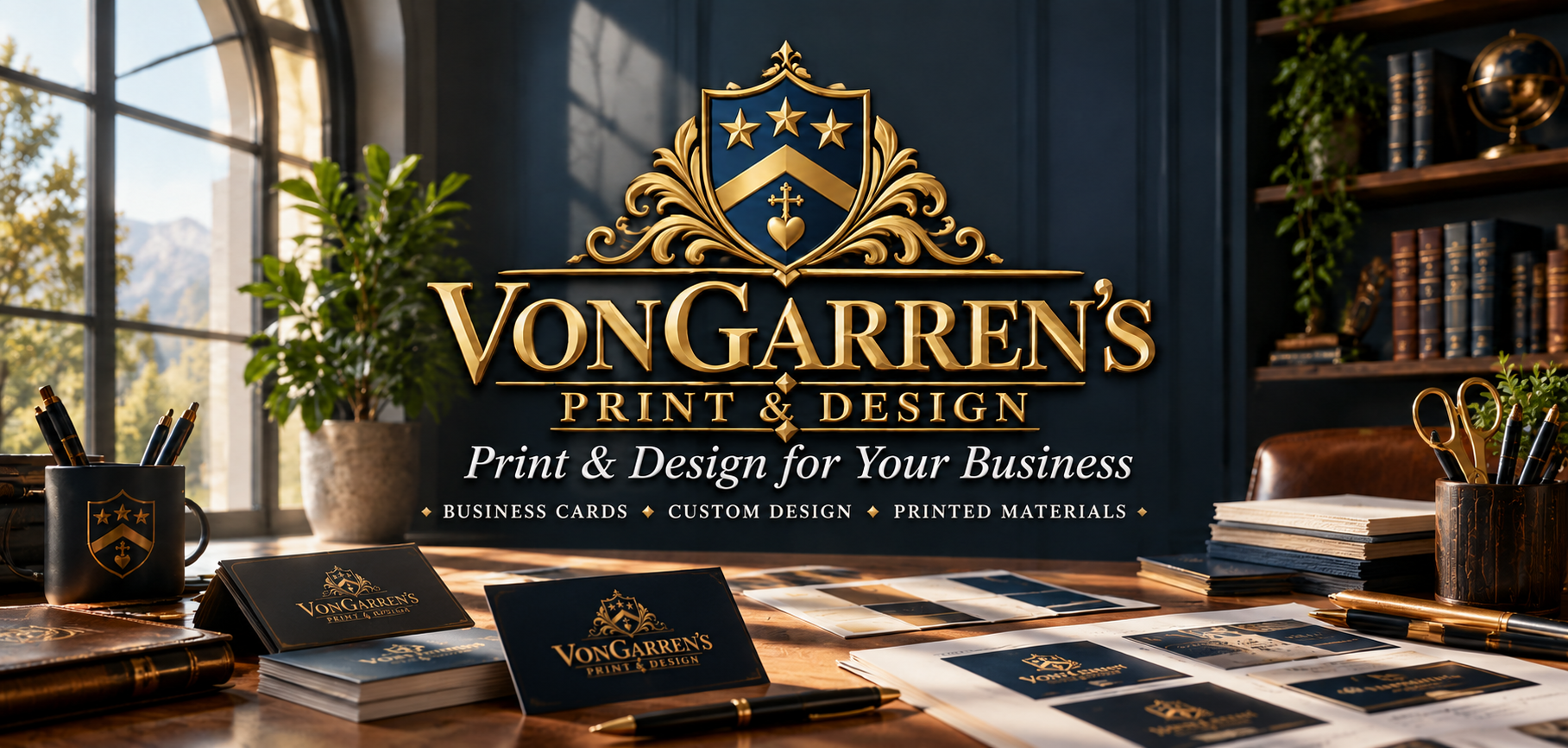Business branding display for VonGarren's Print & Design, showing company logo, pens, business cards, brochures, and design samples on a wooden table with a window and bookshelves in the background.