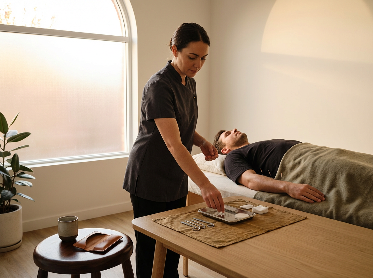 A woman in black scrubs prepares acupuncture needles next to a man lying on a bed with his eyes closed, covered with a blanket, in a calm, well-lit room with a large window and a potted plant.