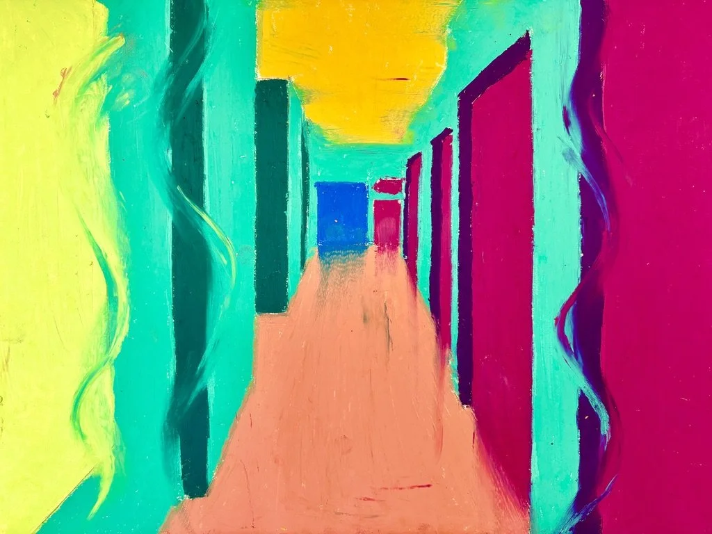 Colorful hallway with vibrant painted walls and doors, painted in shades of yellow, turquoise, pink, and purple, with a tan wooden floor.