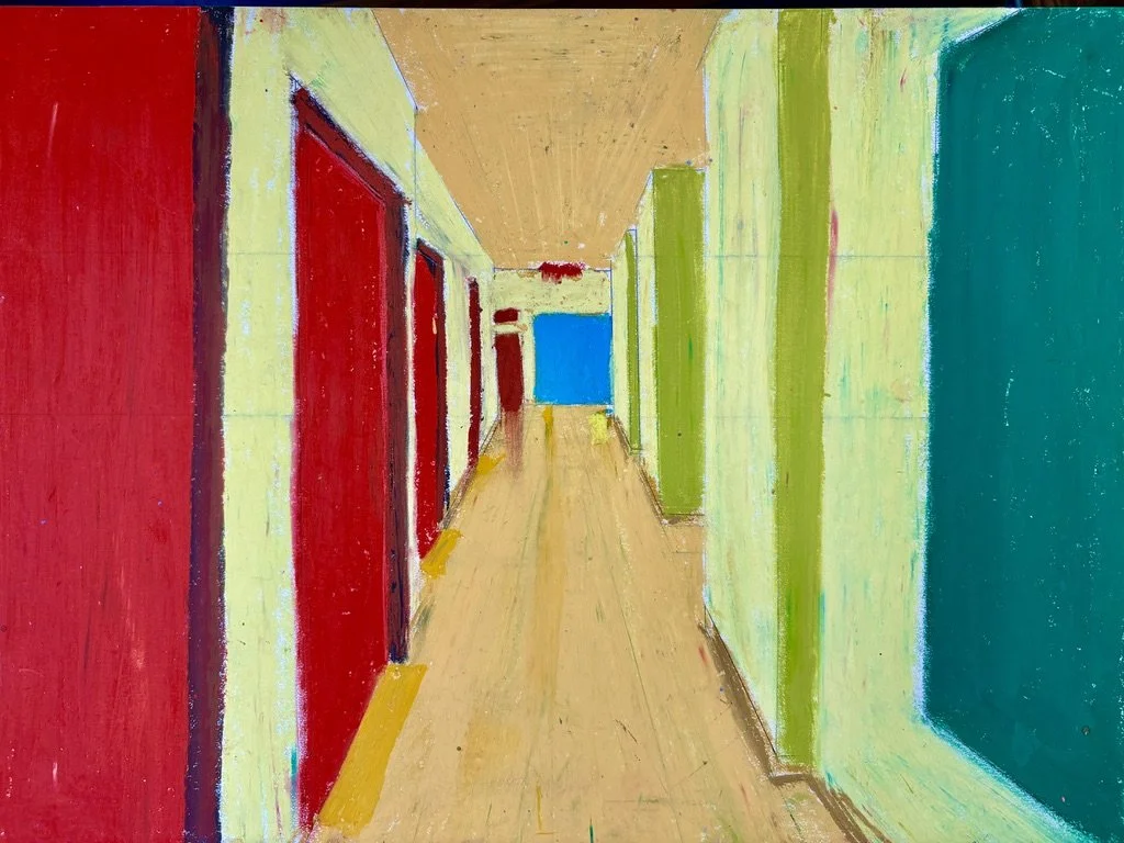 An abstract painting of a hallway with colorful walls in red, yellow, green, and blue, and a wooden floor.