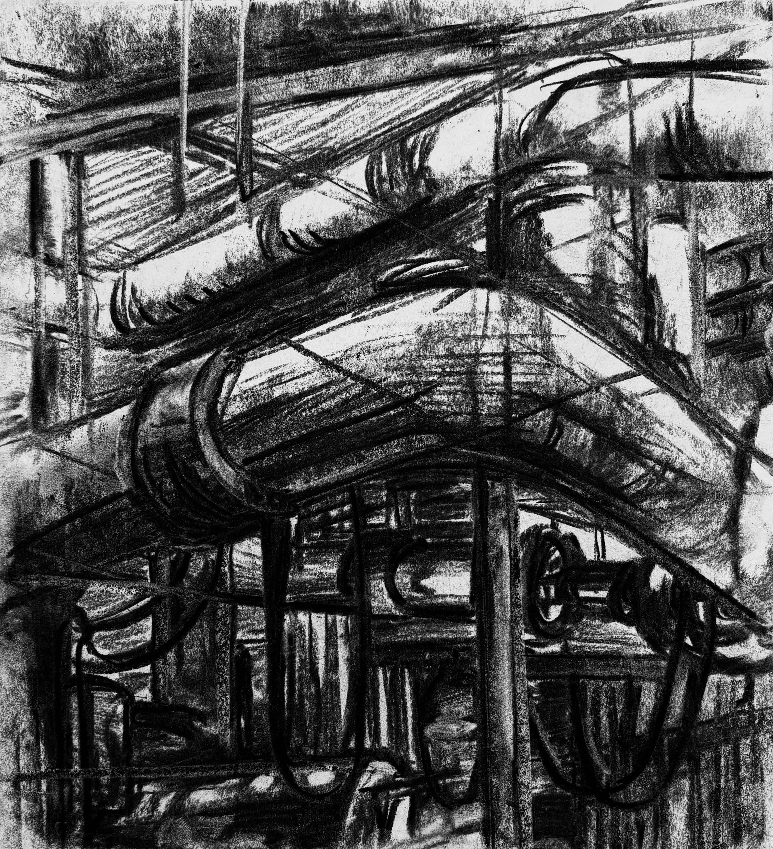 Black and white abstract drawing of a structure with curved and straight lines; industrial interior.