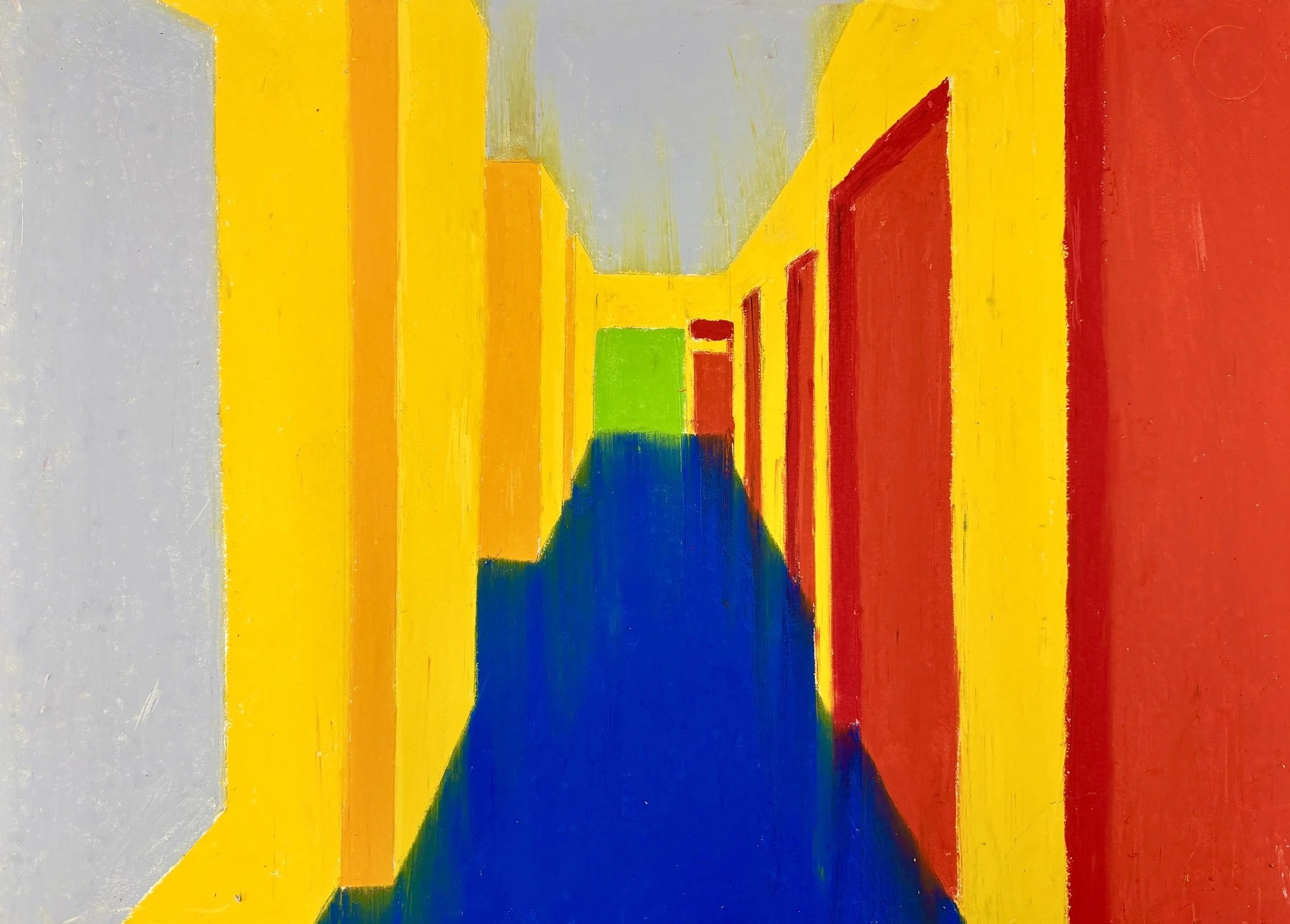 An abstract painting with bold vertical stripes in yellow, orange, red, blue, green, and gray colors.