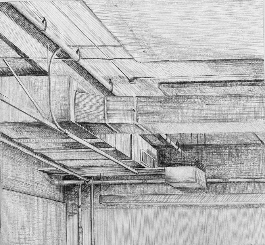 A black and white sketch of an industrial ceiling with exposed pipes, ducts, and structural beams.