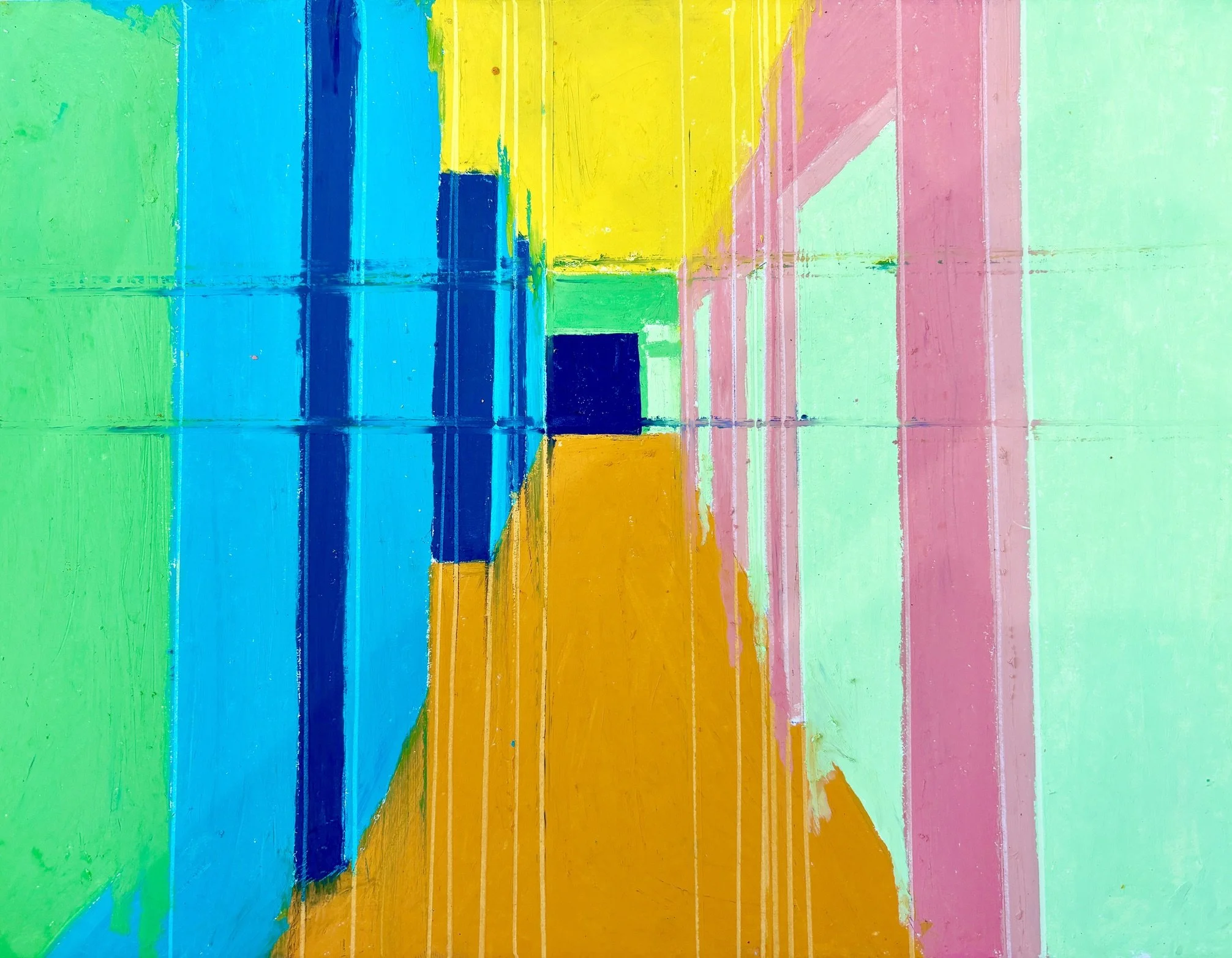Abstract painting with vertical color stripes in shades of green, blue, yellow, and pink, with visible brushstrokes and texture.