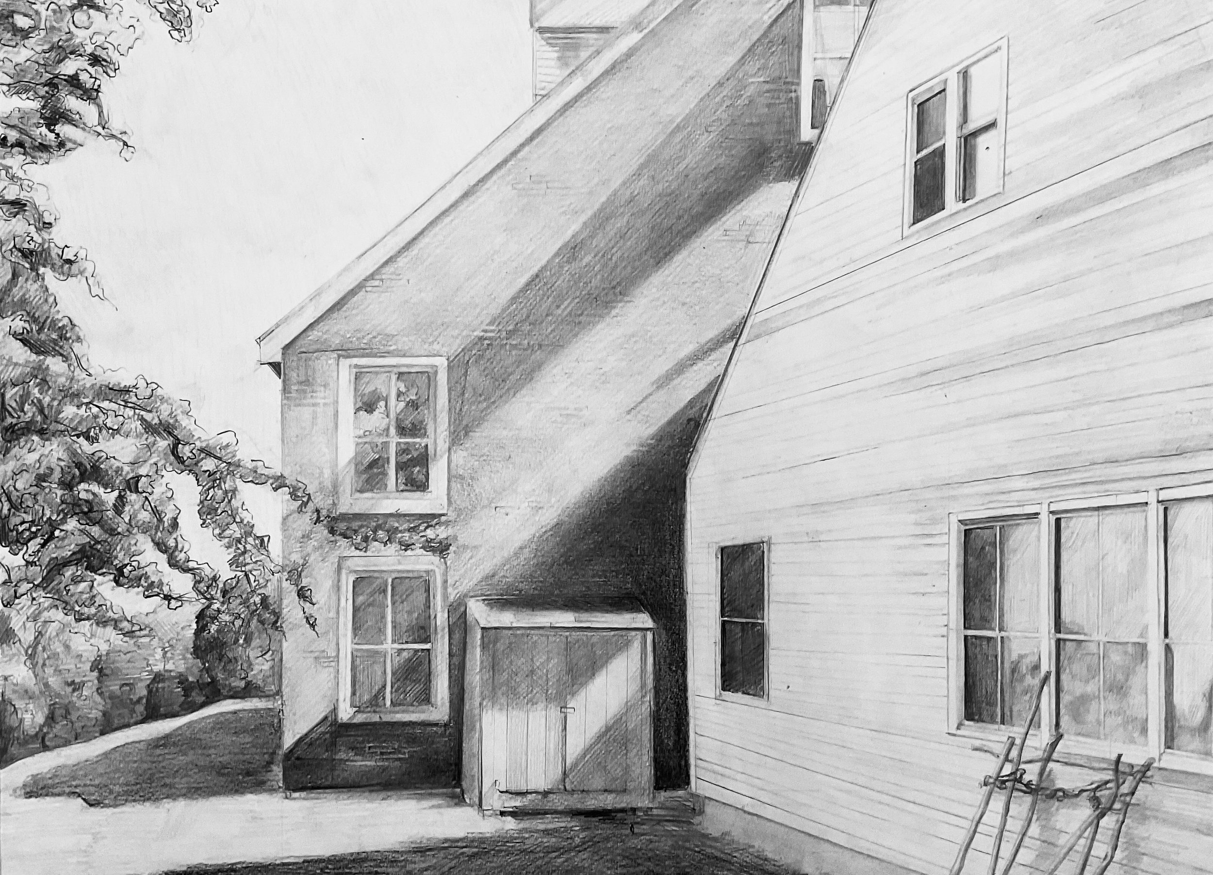 A sketch of the side view of a house with a sloped roof, three windows, and a backyard with a tree.