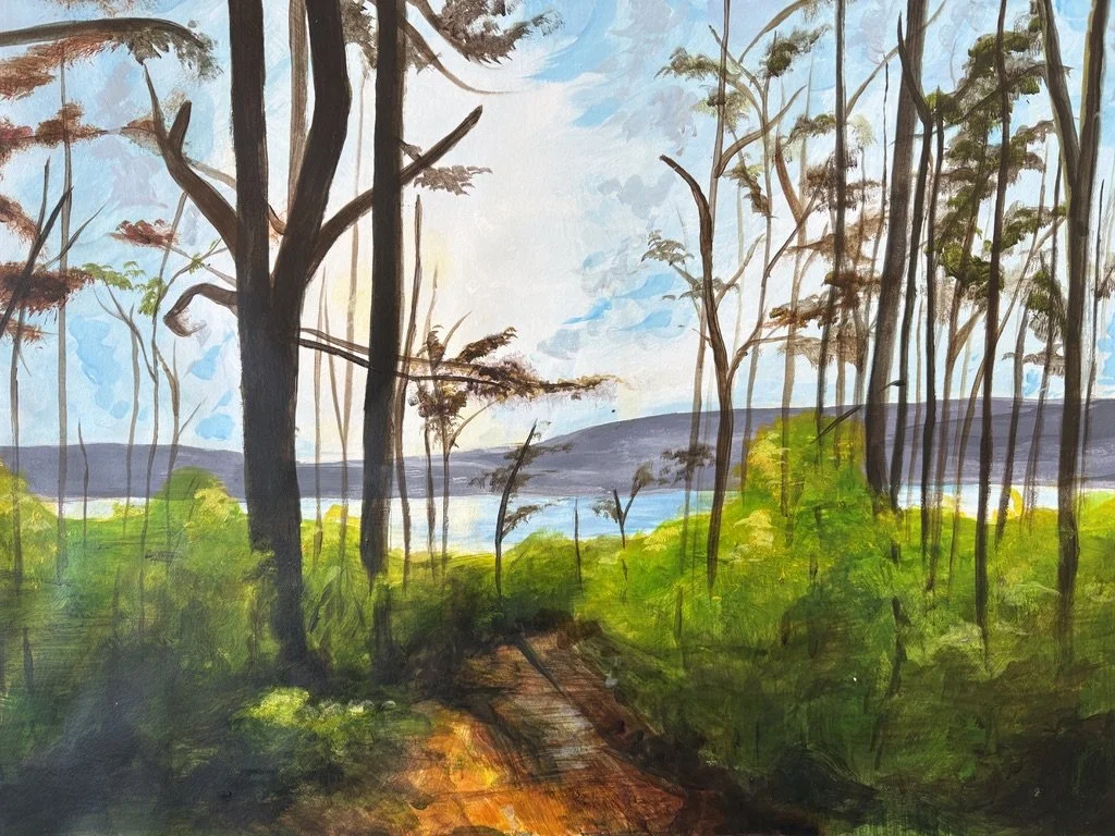 A painting of a forest with tall trees, a trail, green bushes, distant mountains, and a partly cloudy sky.