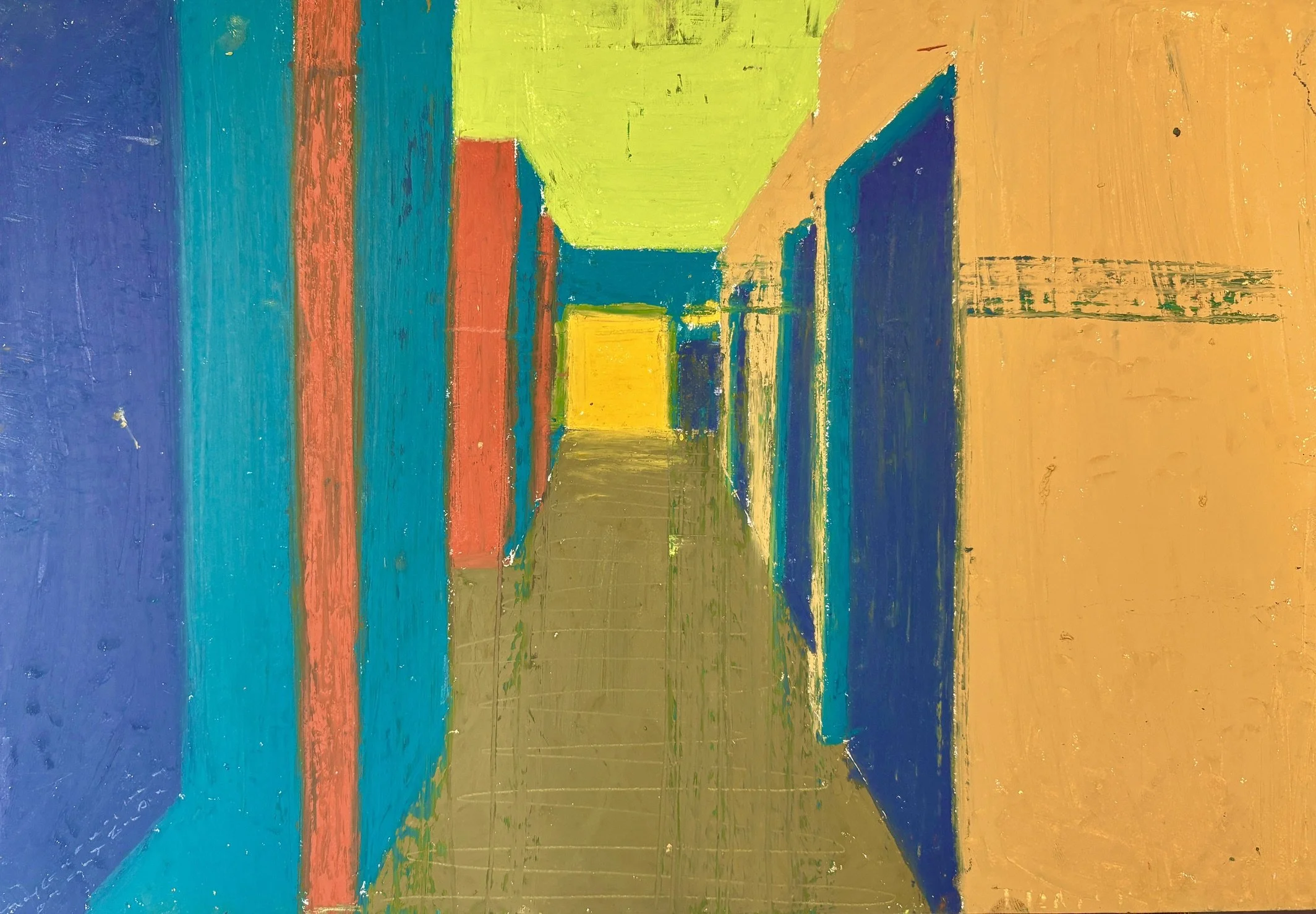 Abstract colorful painting with bold strokes in shades of blue, green, yellow, red, and orange.