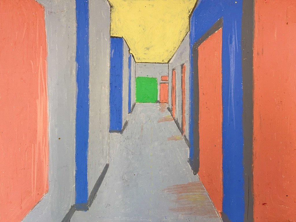 Colorful hallway with gray walls, orange doors, blue door frames, a yellow ceiling, and a green door at the end.