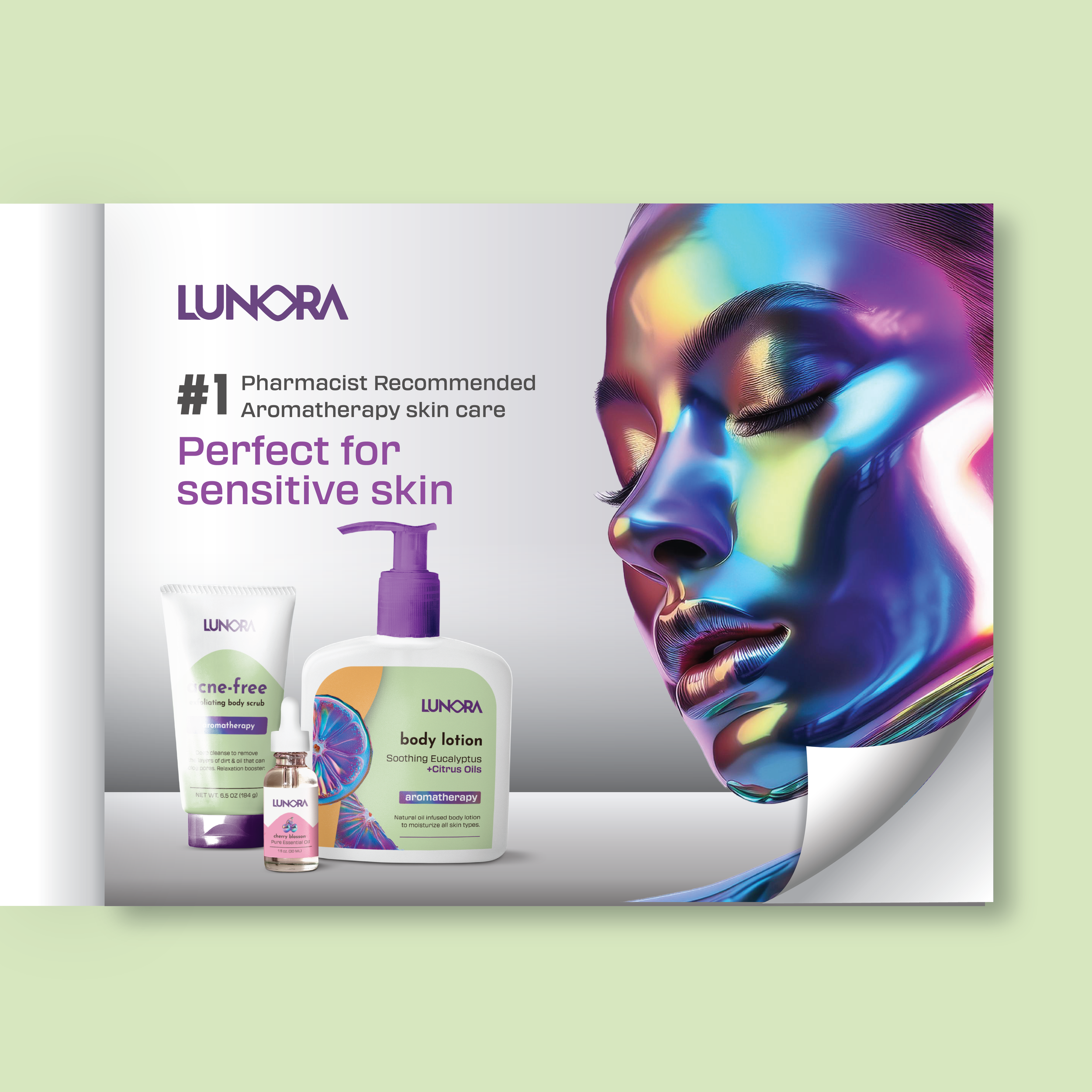 A collection of skincare products on a display, including a body lotion, body scrub, and essential oil, with a colorful artistic face illustration in the background.