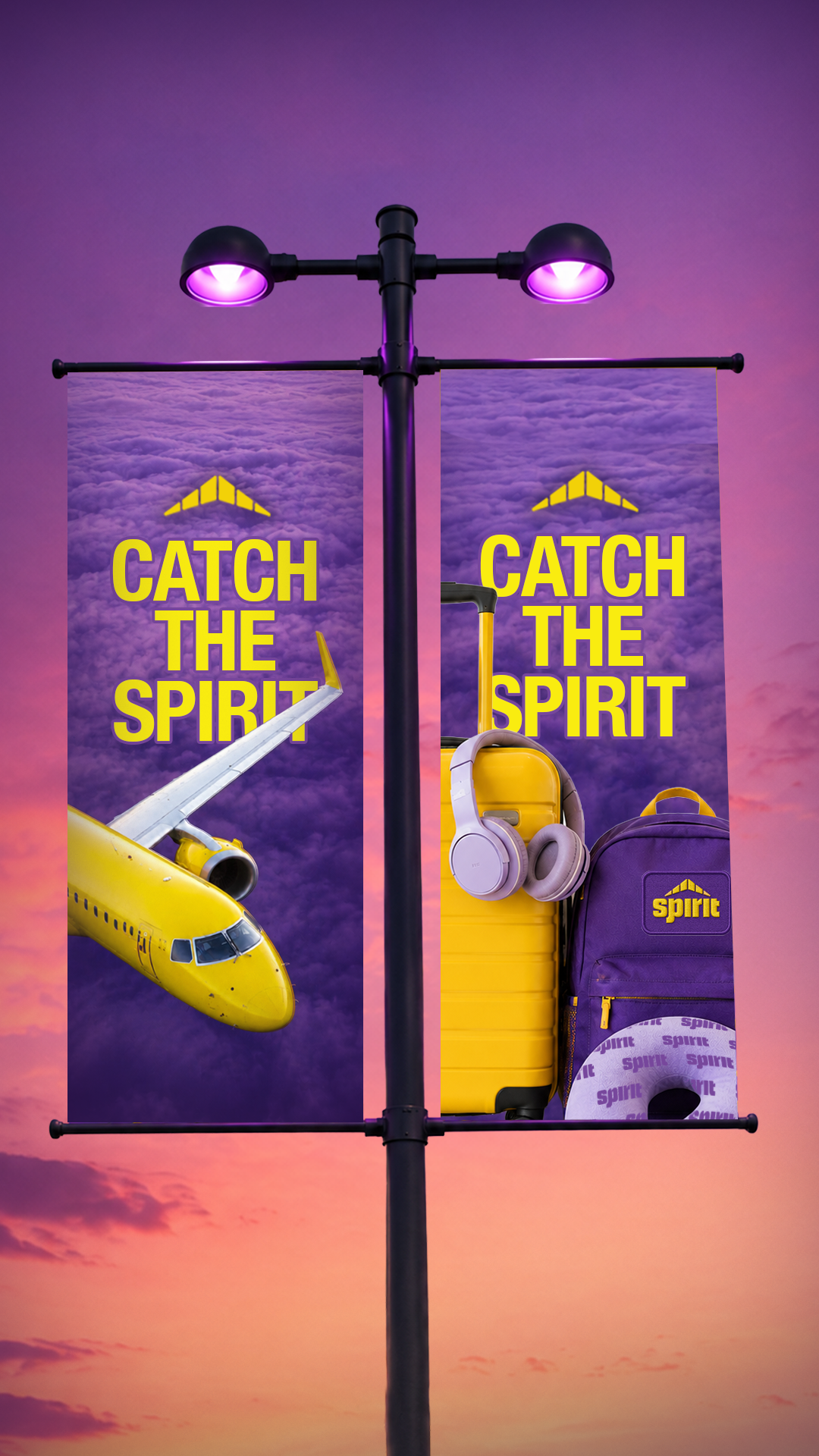 Travel banners with a yellow airplane, yellow suitcase, purple backpack, headphones, and neck pillow. They display the text 'Catch the Spirit' against a purple sky background.