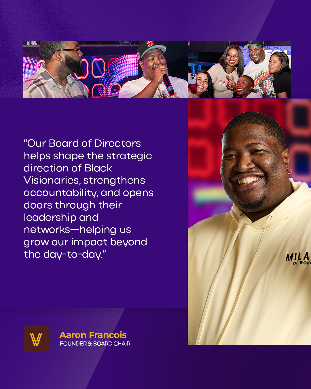 Photo of diverse group of people on stage during an event, with a quote about the impact of the Board of Directors, and a portrait of a smiling man wearing a light-colored hoodie with 'Milano' branding.
