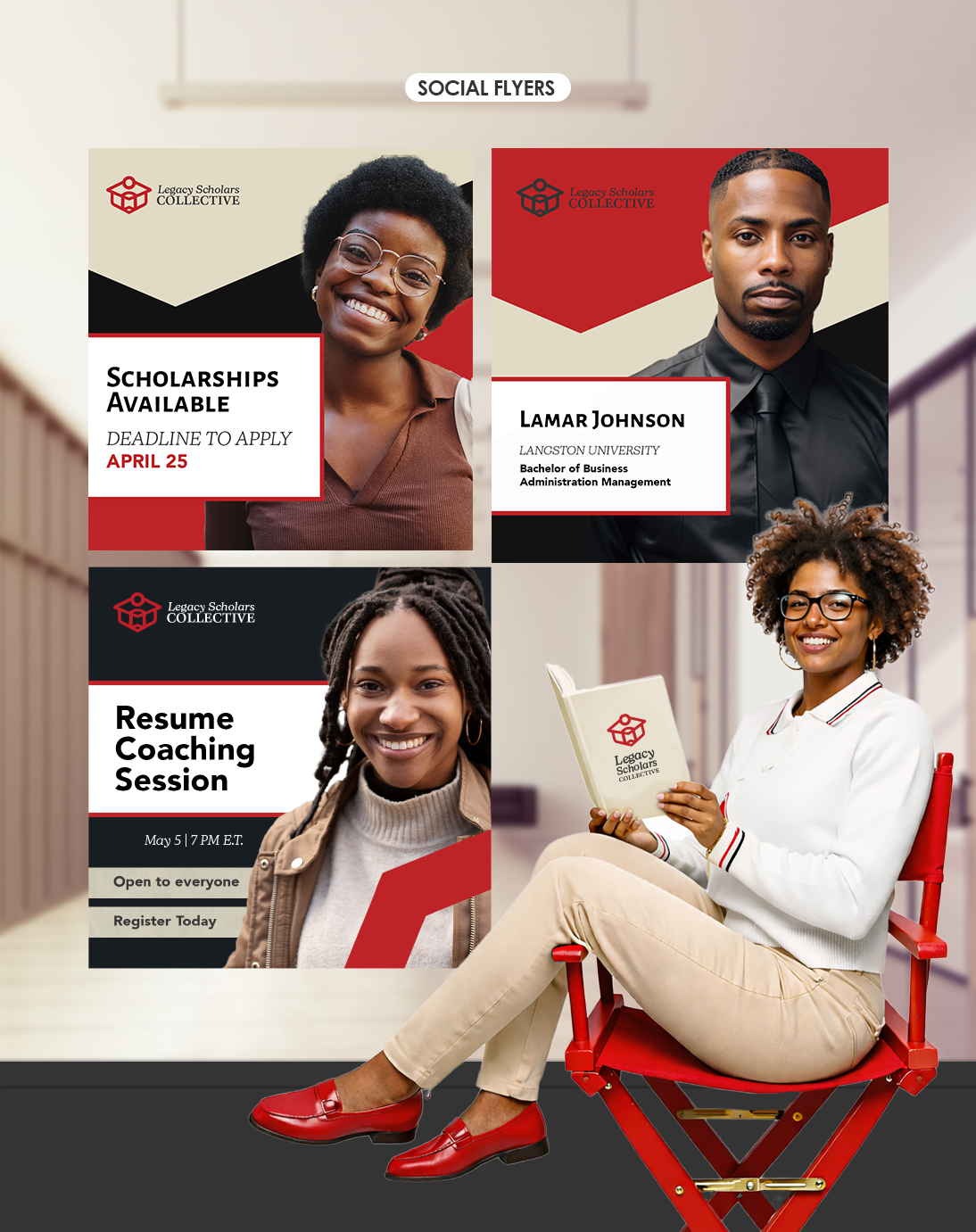 Four social flyers for Legacy Scholars Collective featuring images of diverse young adults and information about scholarships, resume coaching sessions, and contact details.