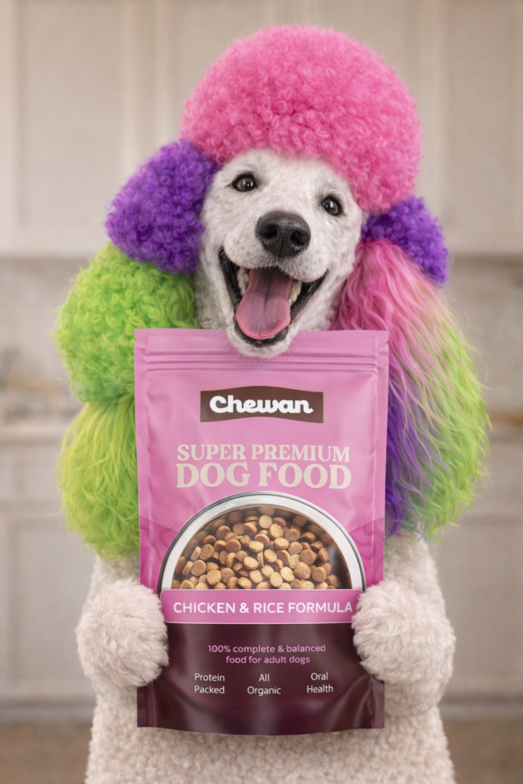 A happy dog wearing a colorful, fluffy wig with pink, purple, and green sections, holding a bag of dog food labeled 'Chewan Super Premium Dog Food' with a chicken and rice formula, in a home kitchen setting.
