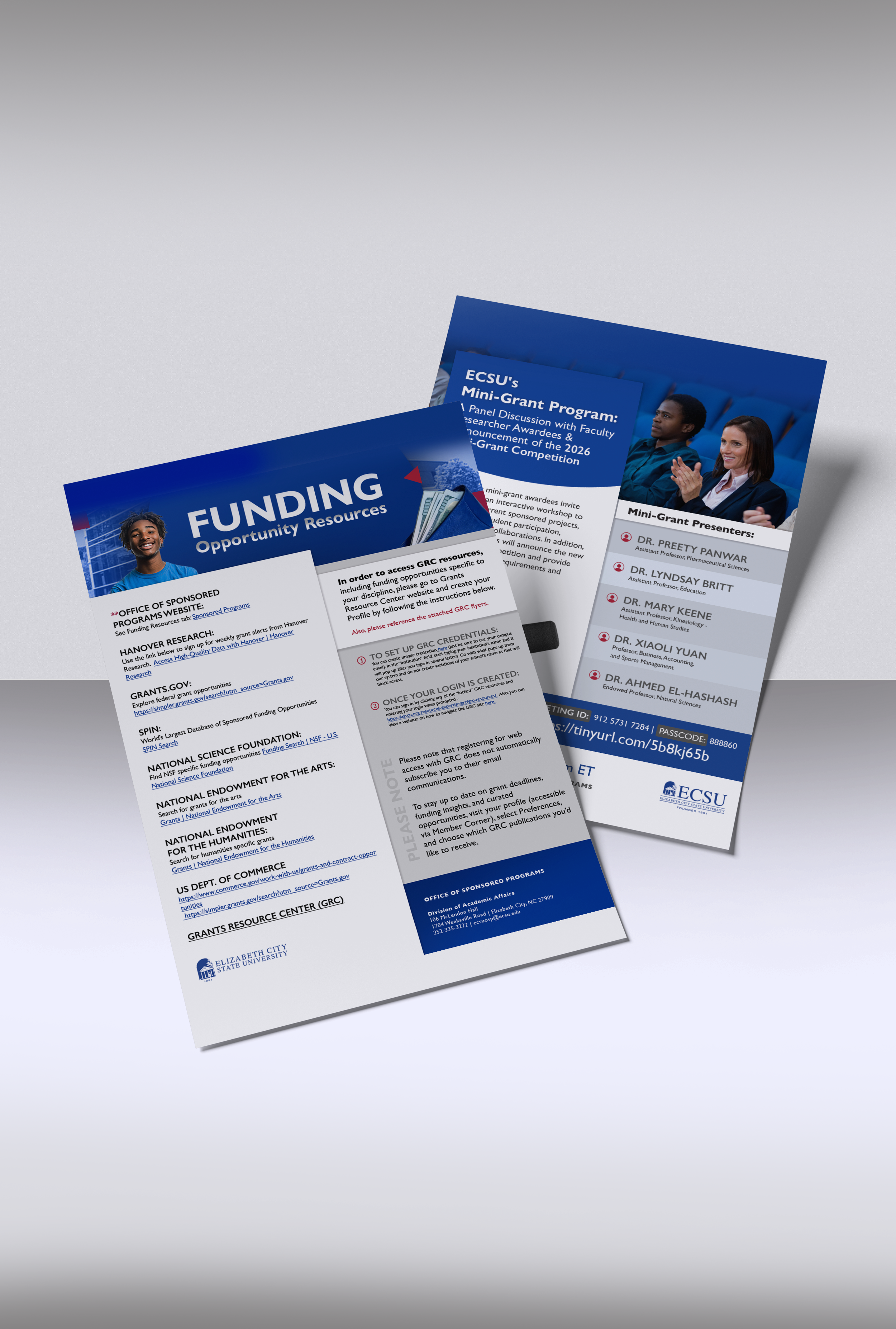 Flyer for ECSU's Mini-Grant Program from Elizabeth City State University, highlighting funding opportunities, presentation details, and contact information, featuring images of students and program logos.