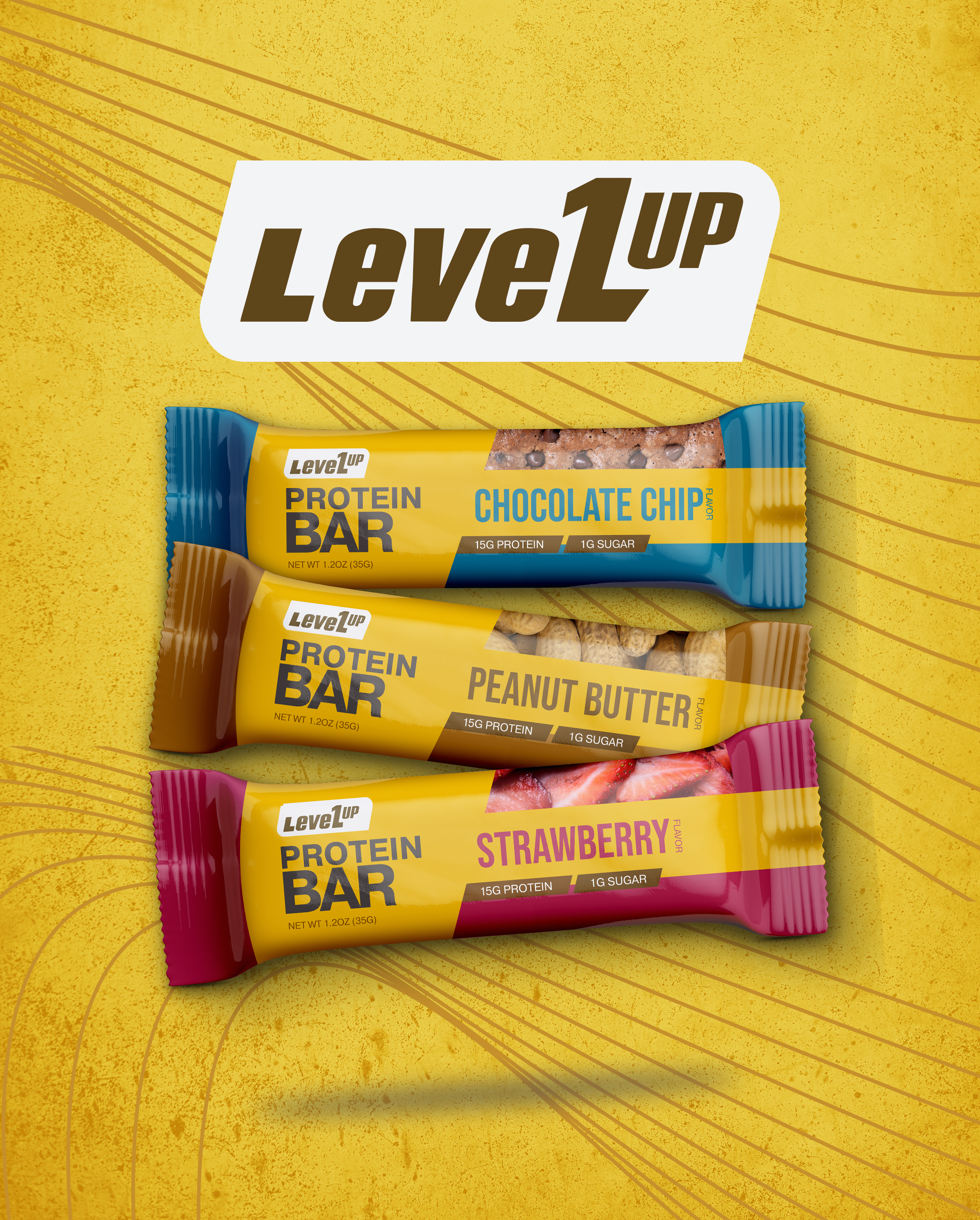 Package of Level 1UP protein bars with flavors Chocolate Chip, Peanut Butter, and Strawberry, on a yellow patterned background.