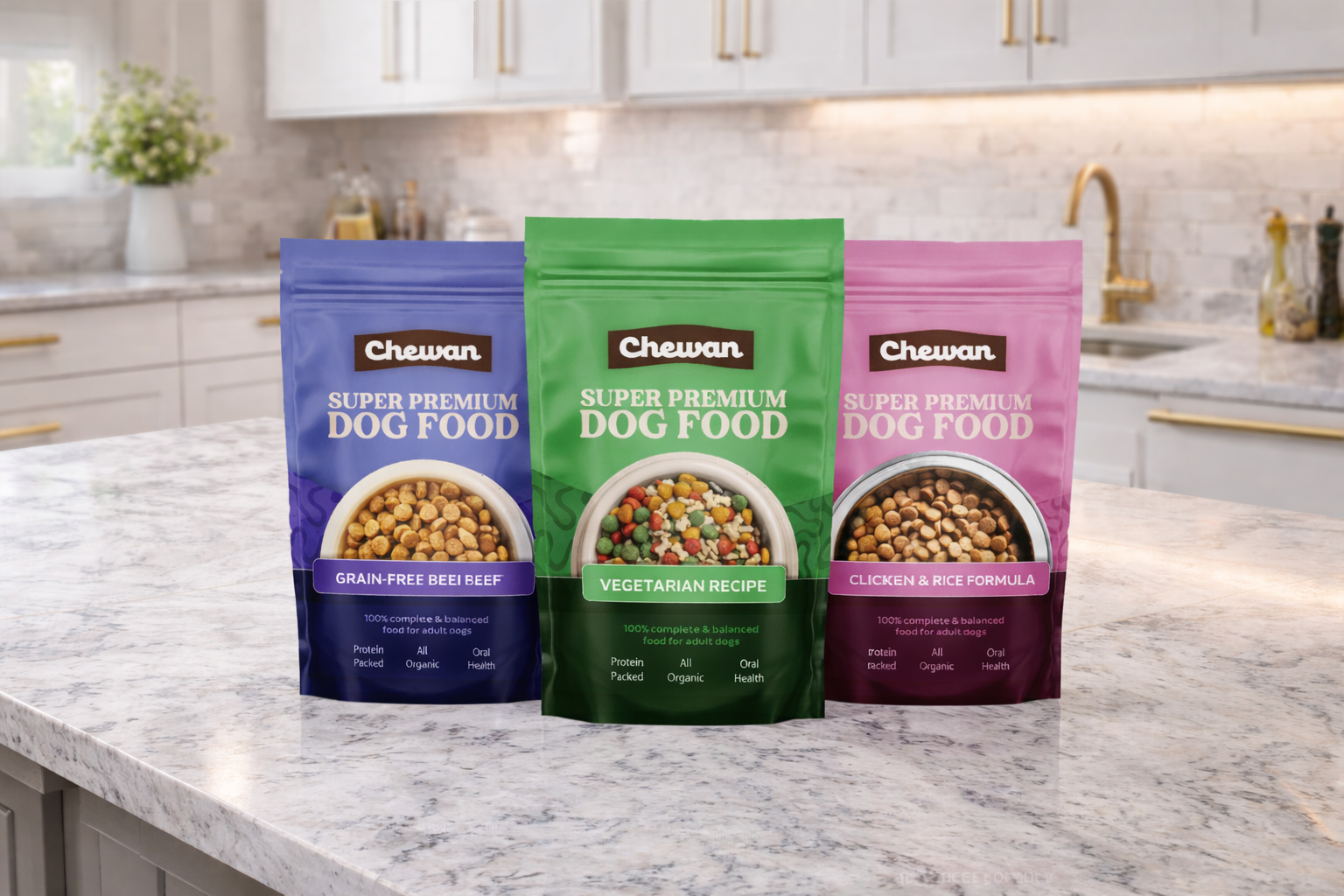 Three bags of Chewan Super Premium Dog Food in blue, green, and pink packaging on a kitchen countertop.