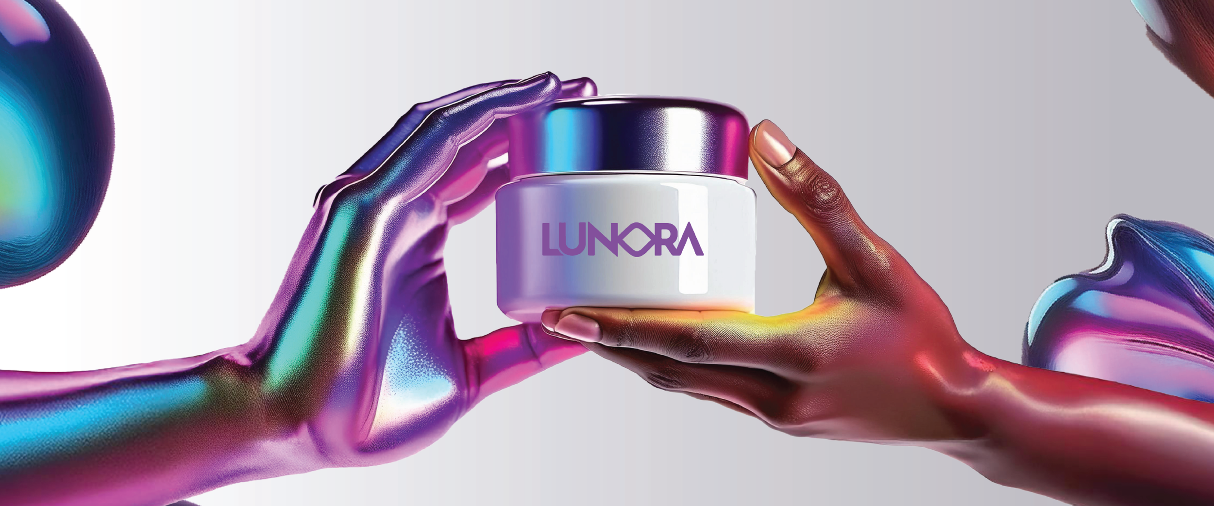 Person holding a jar labeled 'LUNORA' against a plain background, with iridescent, metallic-painted hands and arms.