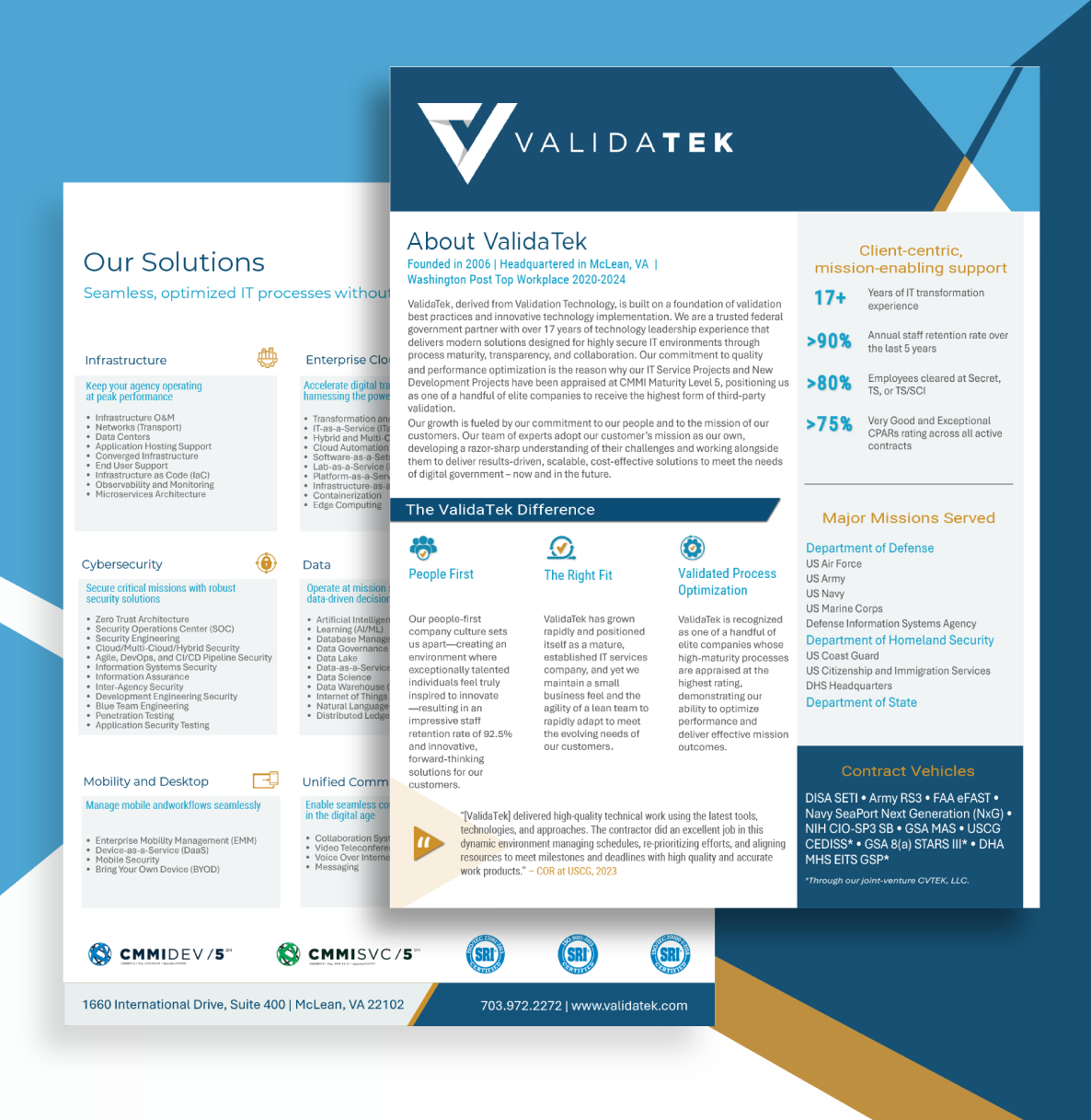 Brochure for Validatek featuring company overview, solutions, and major missions.