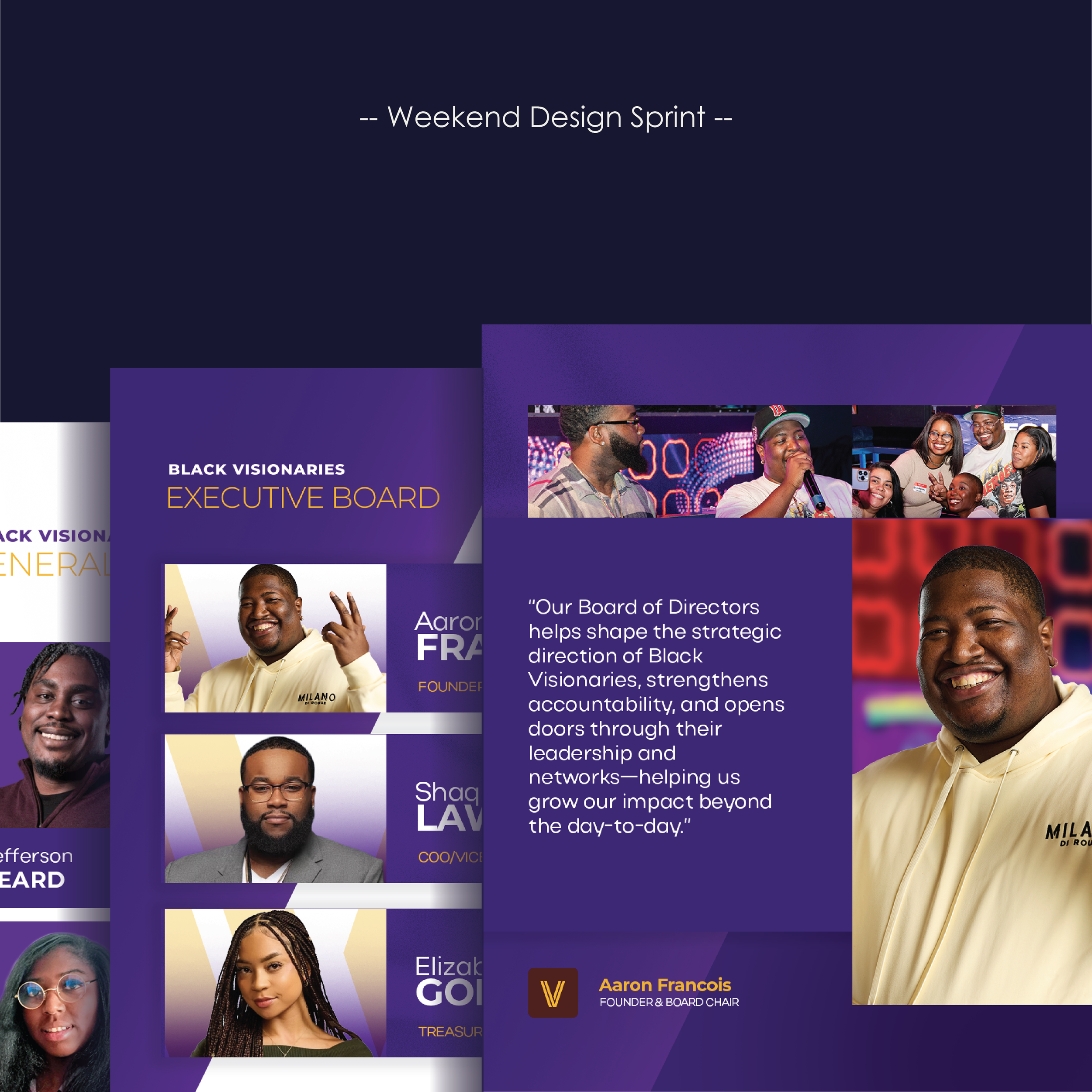 Group of diverse people at a conference or event, smiling and engaging with each other, with a purple background and text that mentions a Black Visionaries Executive Board and leadership.