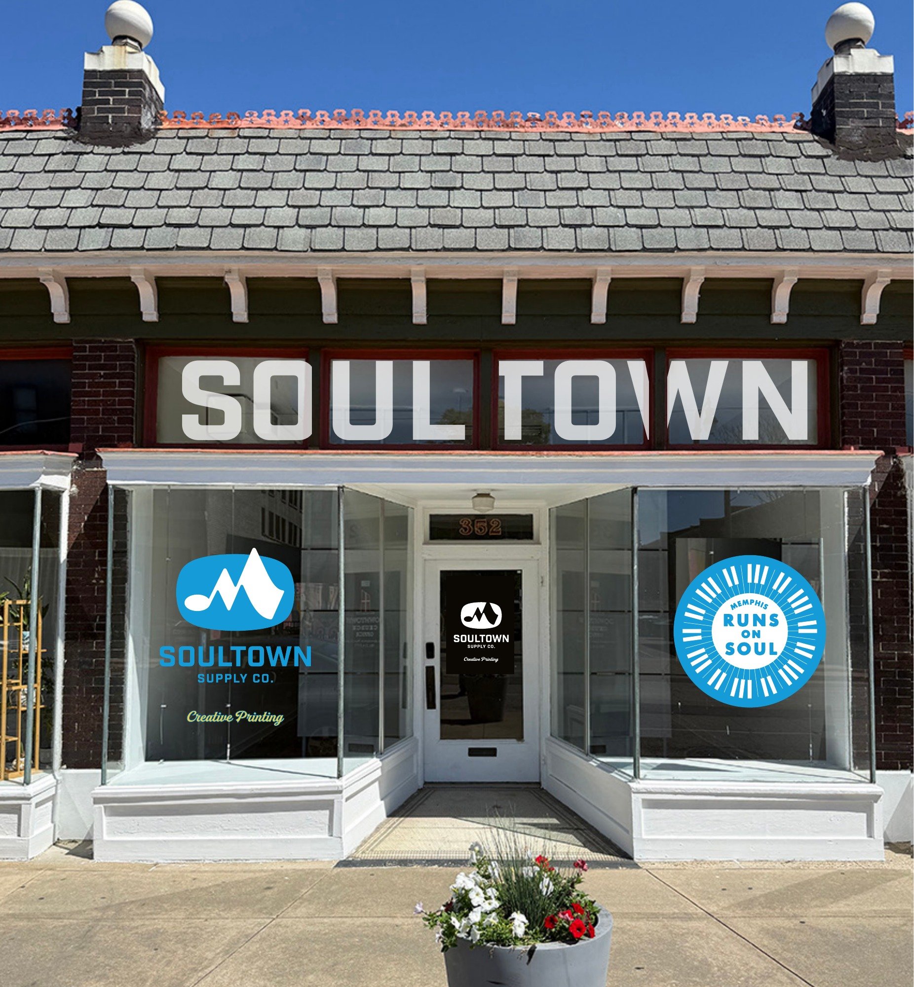 Soul Town Supply Co. storefront design at 352 South Main Street in Memphis, Tennessee, with Memphis Runs on Soul window signage