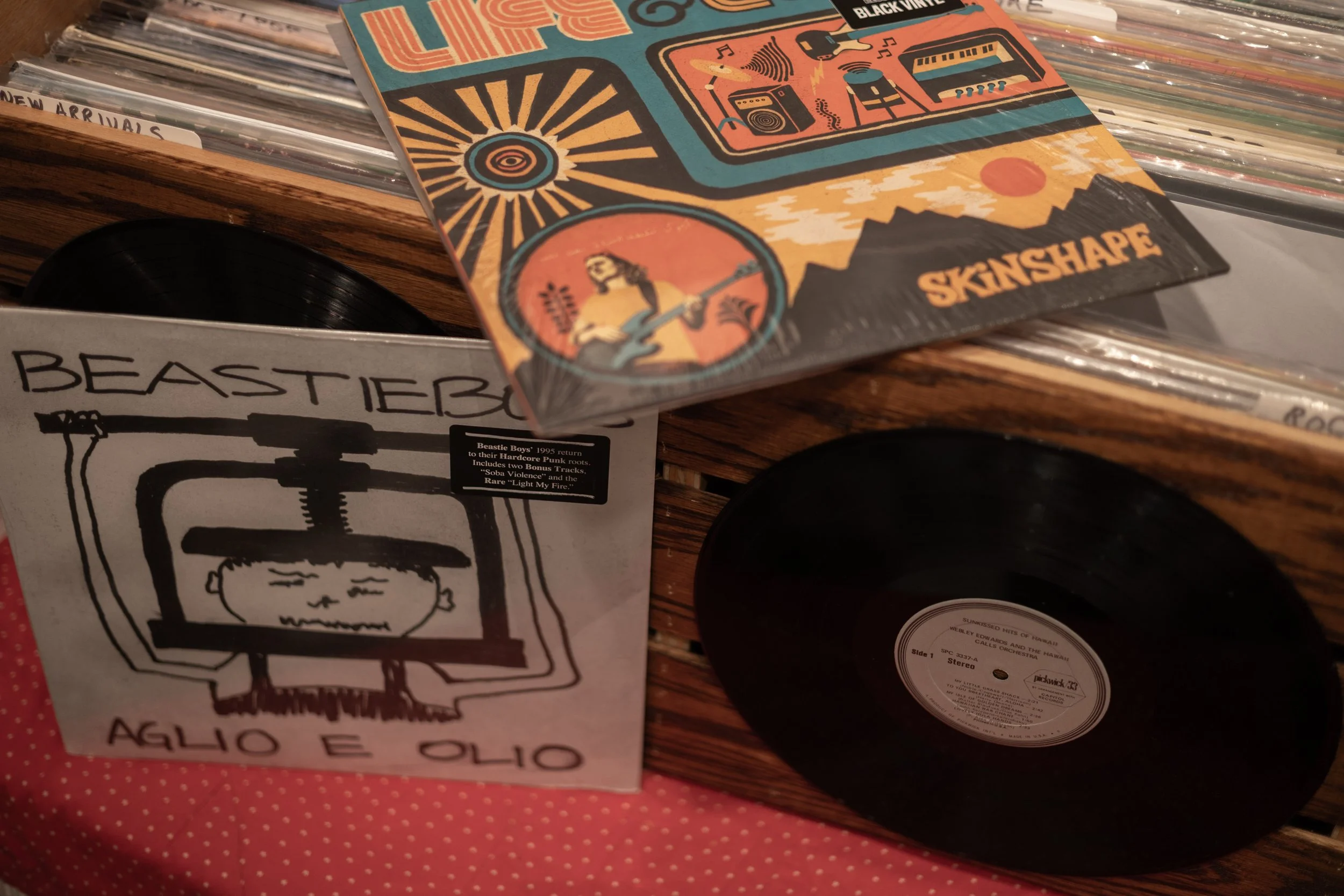 Close-up of a vinyl record collection with a colorful rock album cover titled 'SKINSHAPE' featuring illustrated musical instruments, a mountain sunset, and a person playing guitar. Part of a black vinyl record is visible in the foreground and a handw