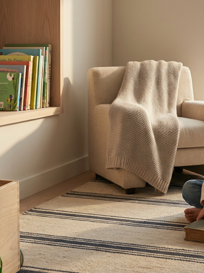 A cozy corner of a living room with a beige armchair draped with a knitted gray blanket, a striped rug, a wooden bookshelf filled with children's books, and a person's feet visible on a wooden block.