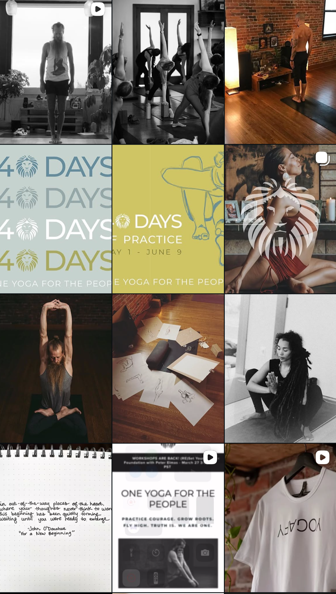 A collage of images featuring people practicing yoga and meditation in various settings, artwork, and promotional material for yoga practice.