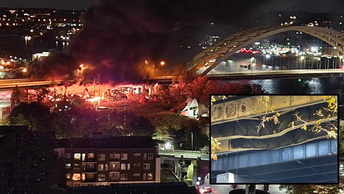 Nighttime image of a fire burning along a highway near a curved arch bridge, with smoke rising into the sky. There are city lights and buildings in the background, and an inset close-up of the underside of the bridge showing structural details and some tree branches with leaves.