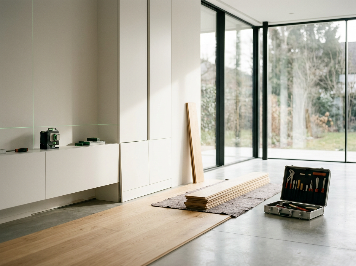Interior de una casa en construcción con herramientas y madera listas para usar, en un espacio con grandes ventanas que permiten vista al exterior.