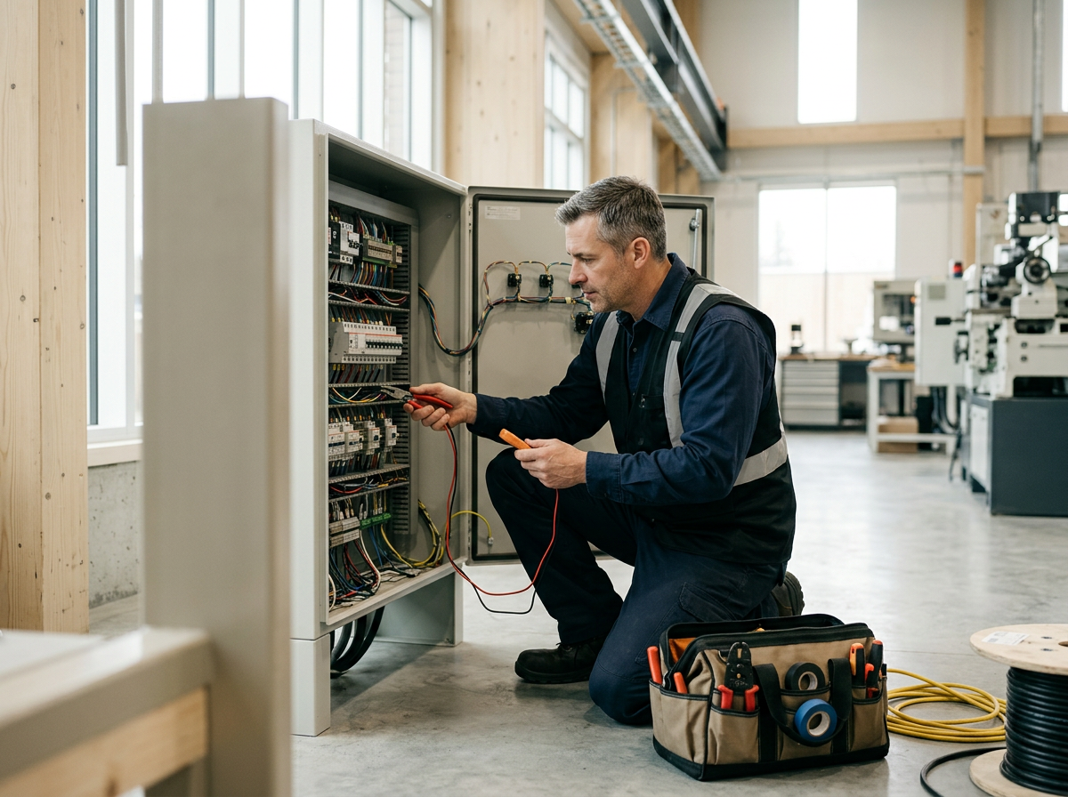 Un técnico revisando un panel eléctrico en un taller.