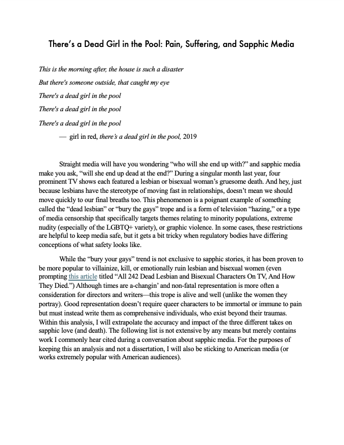 A text excerpt from an article titled "There's a Dead Girl in the Pool: Pain, Suffering, and Sapphic Media," discussing themes of media representation, censorship, and LGBTQ+ issues.