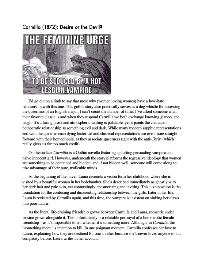 An article titled "Carmilla (1872): Desire or the Devil?" featuring a black-and-white illustration from the gothic novella "Carmilla," depicting a woman in dark clothing looking at a reclining woman in a bed, with the title "The Feminine Urge" and the subtitle "To be seduced by a hot lesbian vampire."