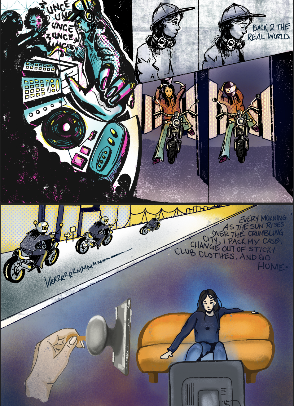 Comic strip depicting a woman DJ on the turntables, a girl with headphones at a nightclub, three motorcyclists riding at night, and a woman watching TV with a melancholy expression.
