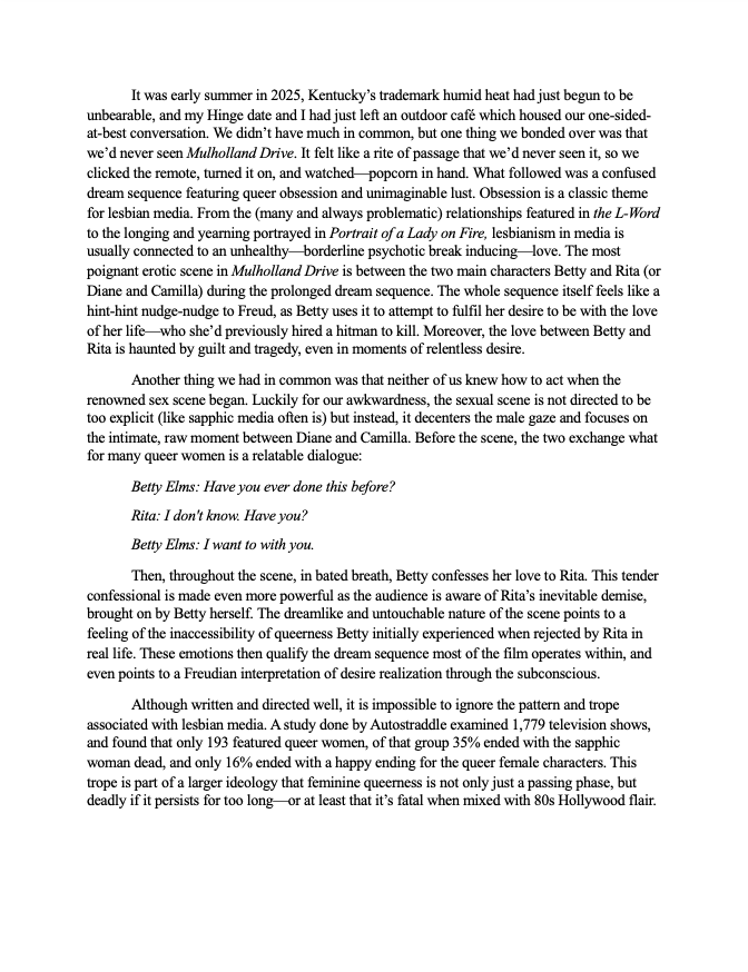 Text excerpt from a book discussing a 2025 summer, Kentucky's humid heat, a memory of Mulholland Drive, and a scene from a film involving lesbian characters Betty and Rita in a romantic context.