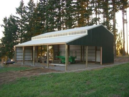 A partially built large green metal barn with open sides and a pitched roof, situated in a grassy area with tall pine trees in the background.