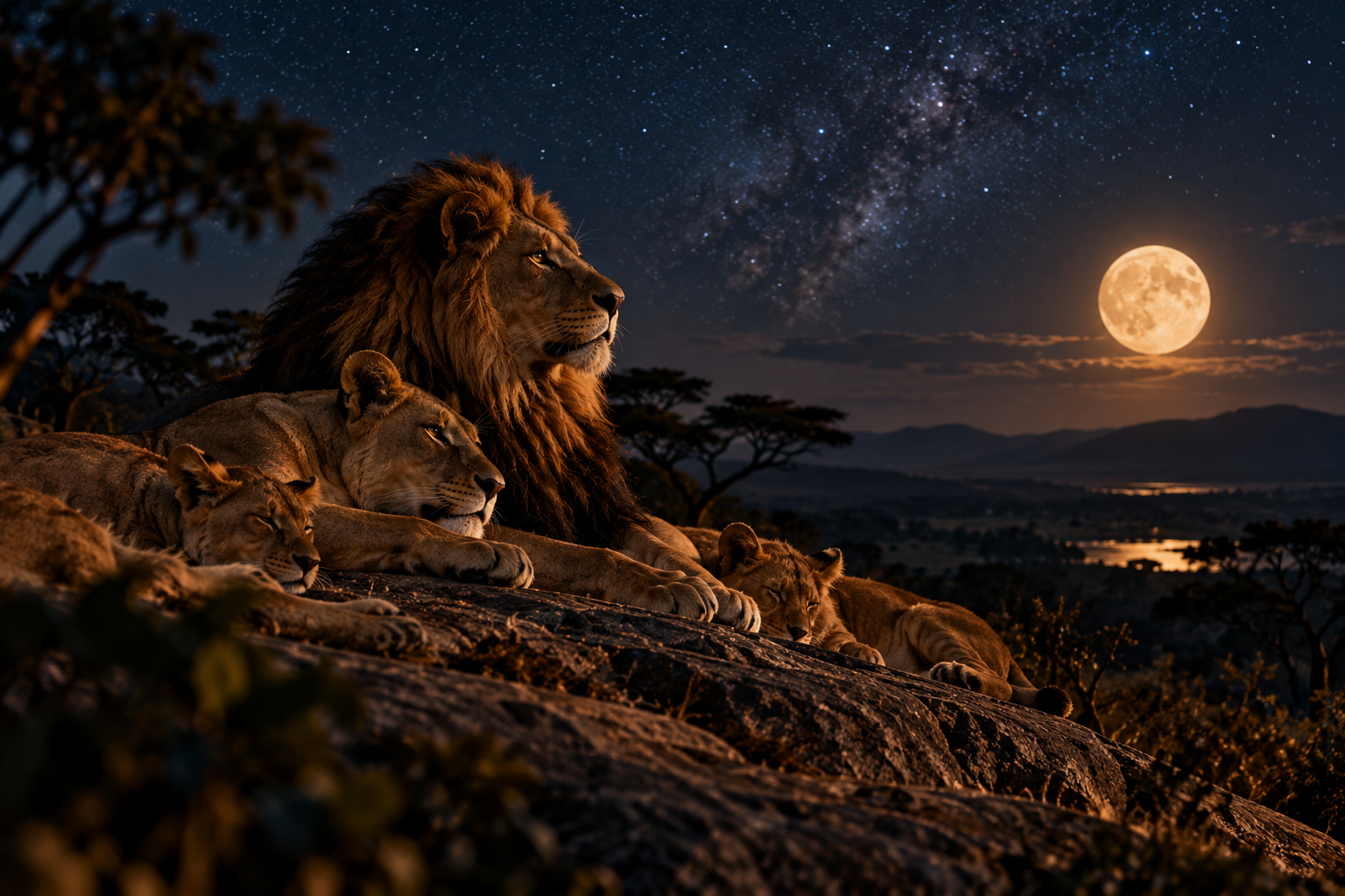 Pride of lions resting peacefully beneath a full moon and star-filled night sky.