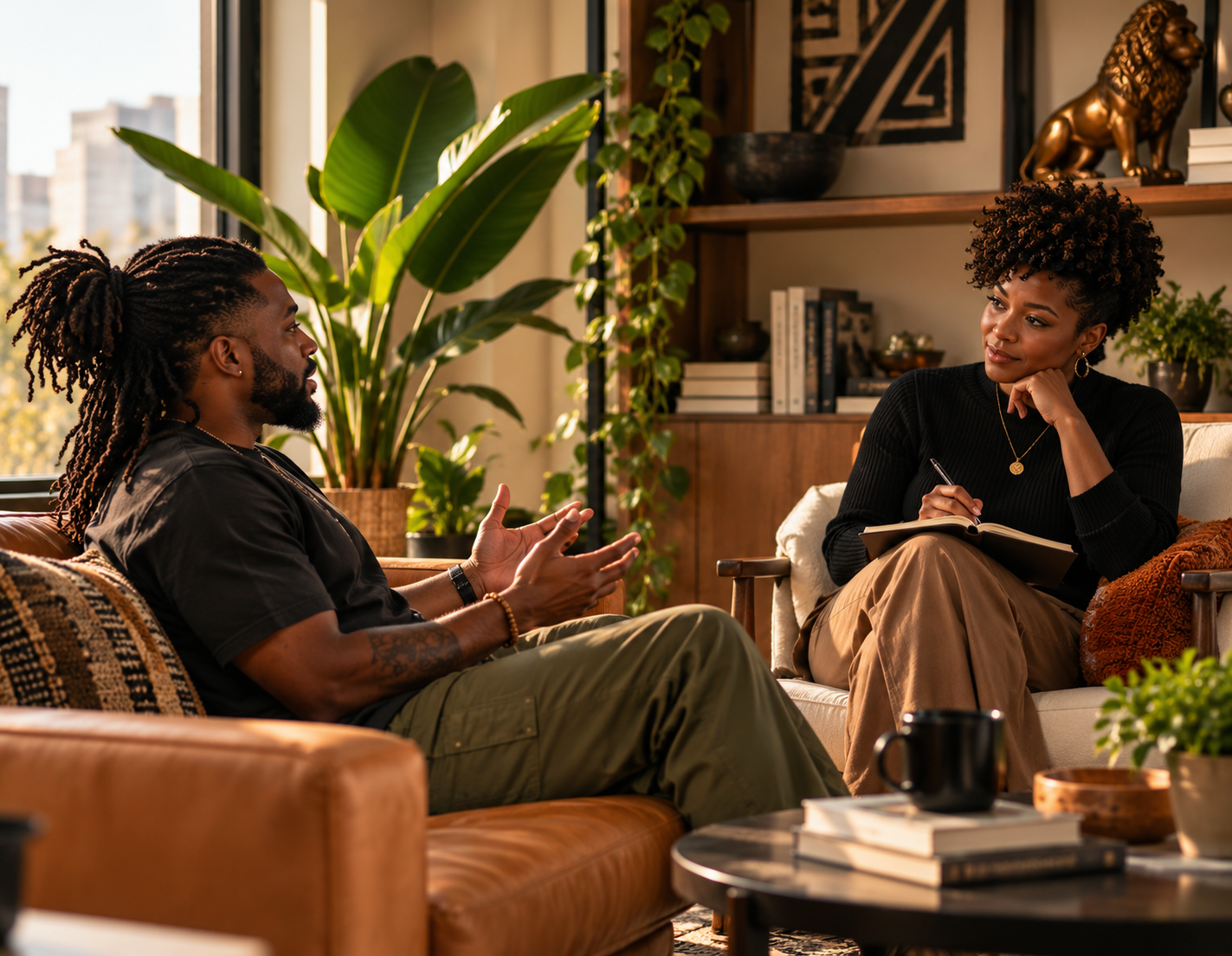 Black man and Black woman having a supportive conversation in a warm, comfortable setting.